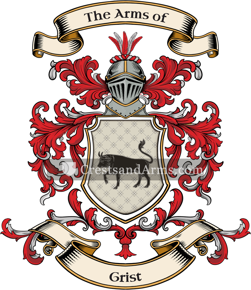 The Grist coat of arms, drawn from the recorded blazon