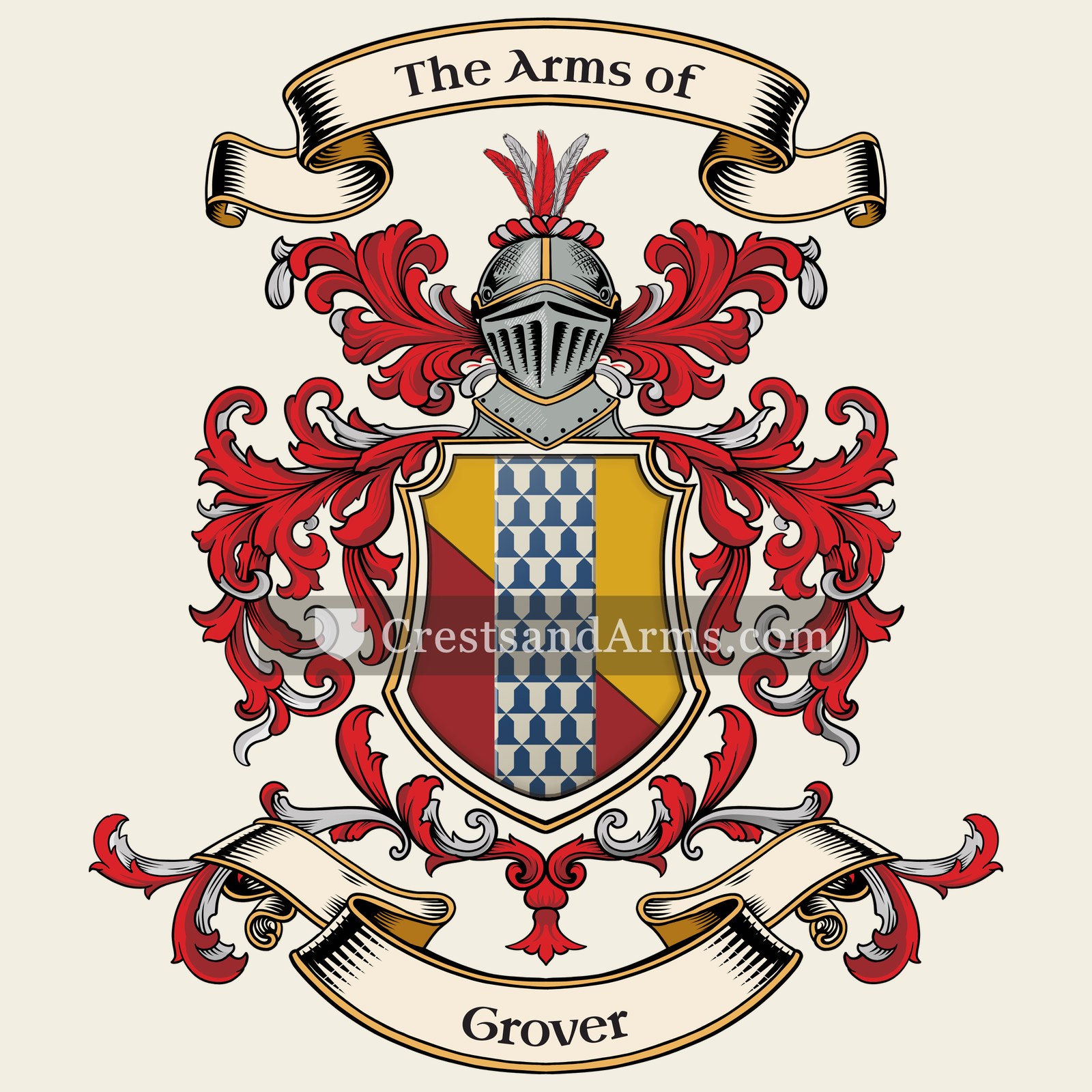 The Grover coat of arms, drawn from the recorded blazon