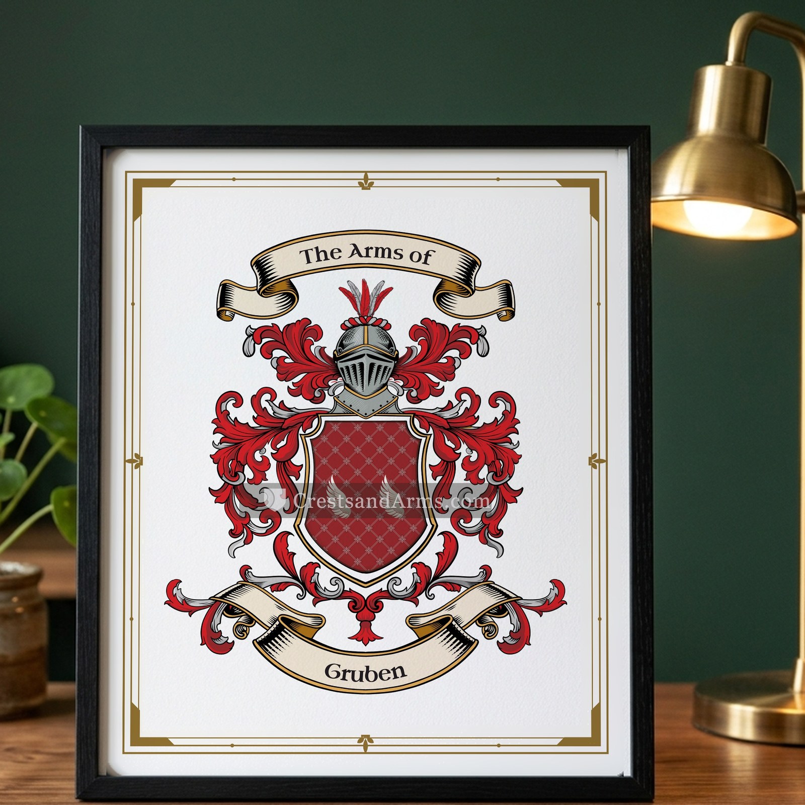 The Gruben arms on the framed, black wood