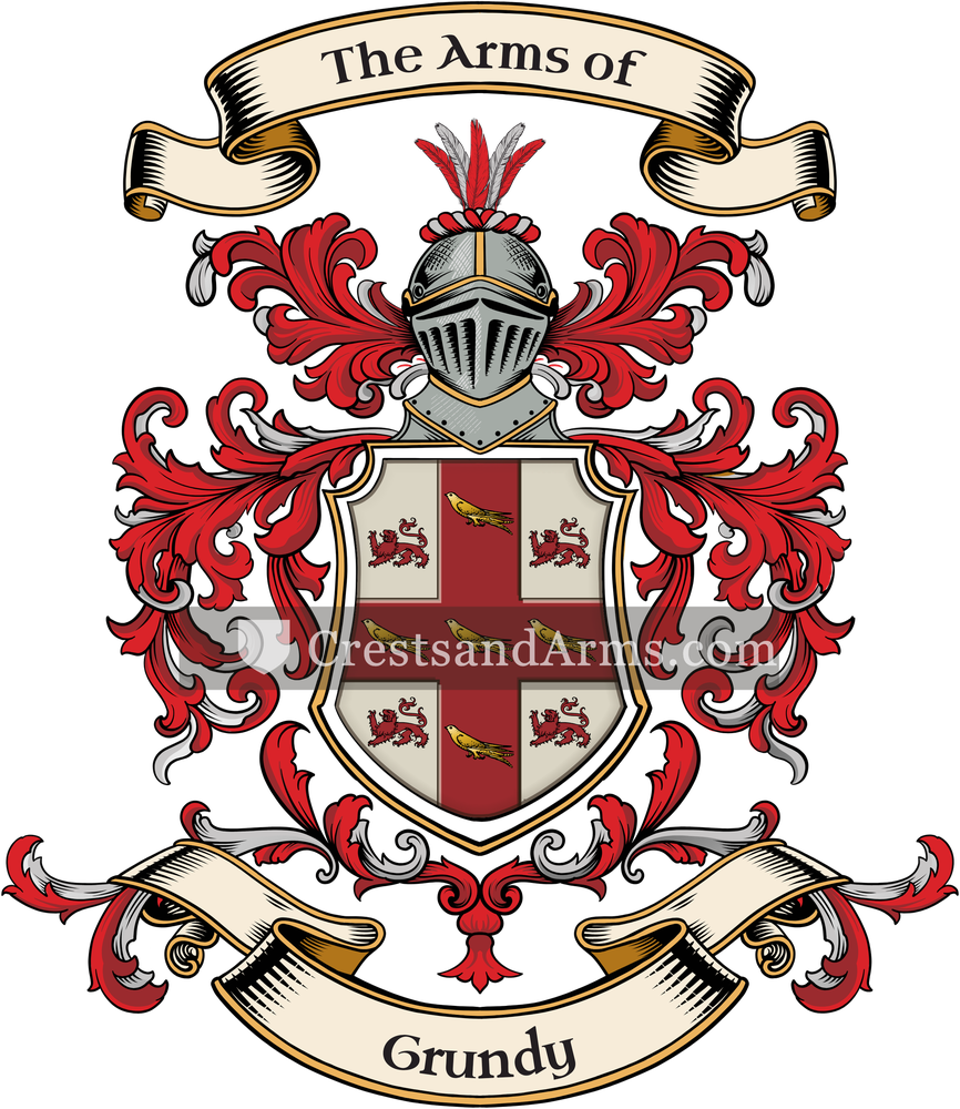 The Grundy coat of arms, drawn from the recorded blazon