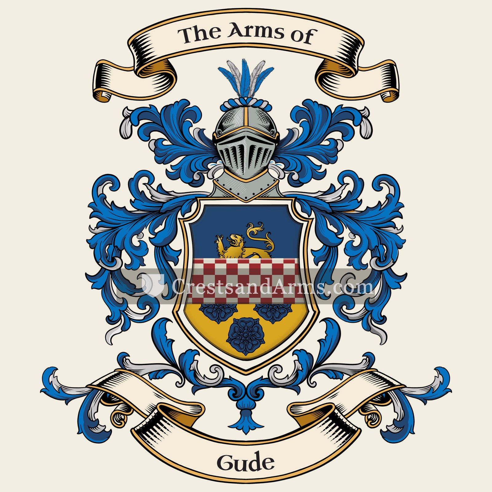 The Gude coat of arms, drawn from the recorded blazon