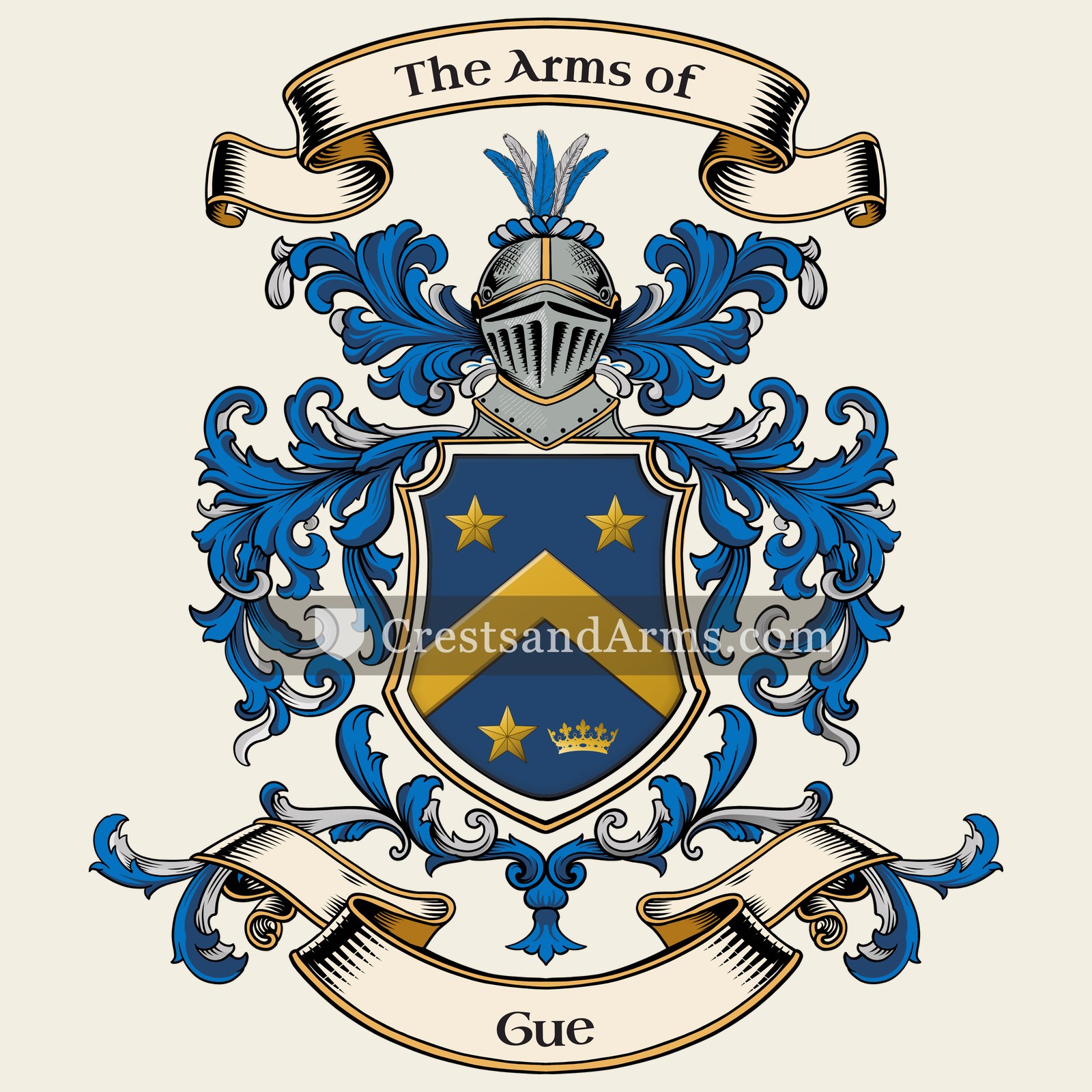 The Gue coat of arms, drawn from the recorded blazon