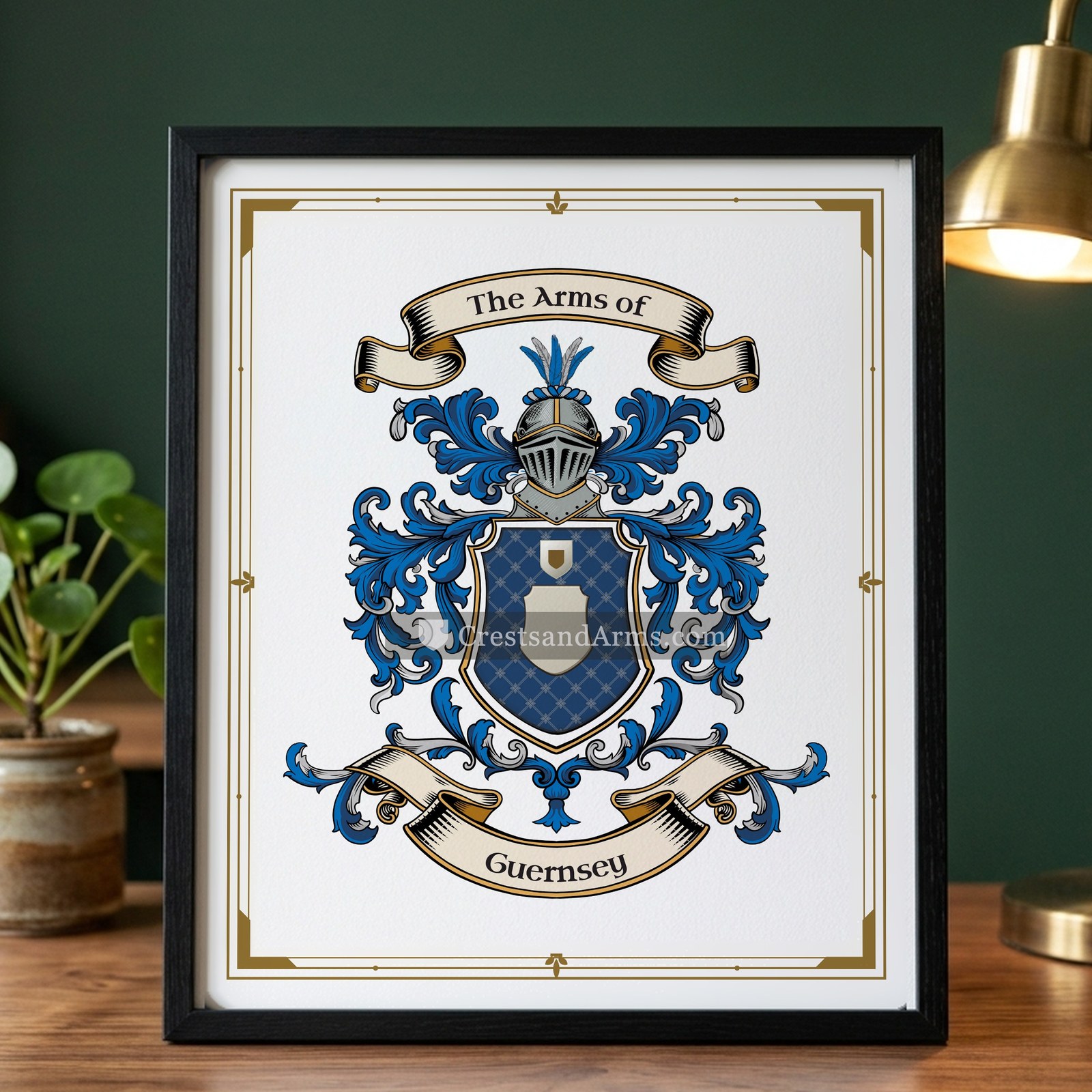 The Guernsey arms on the framed, black wood