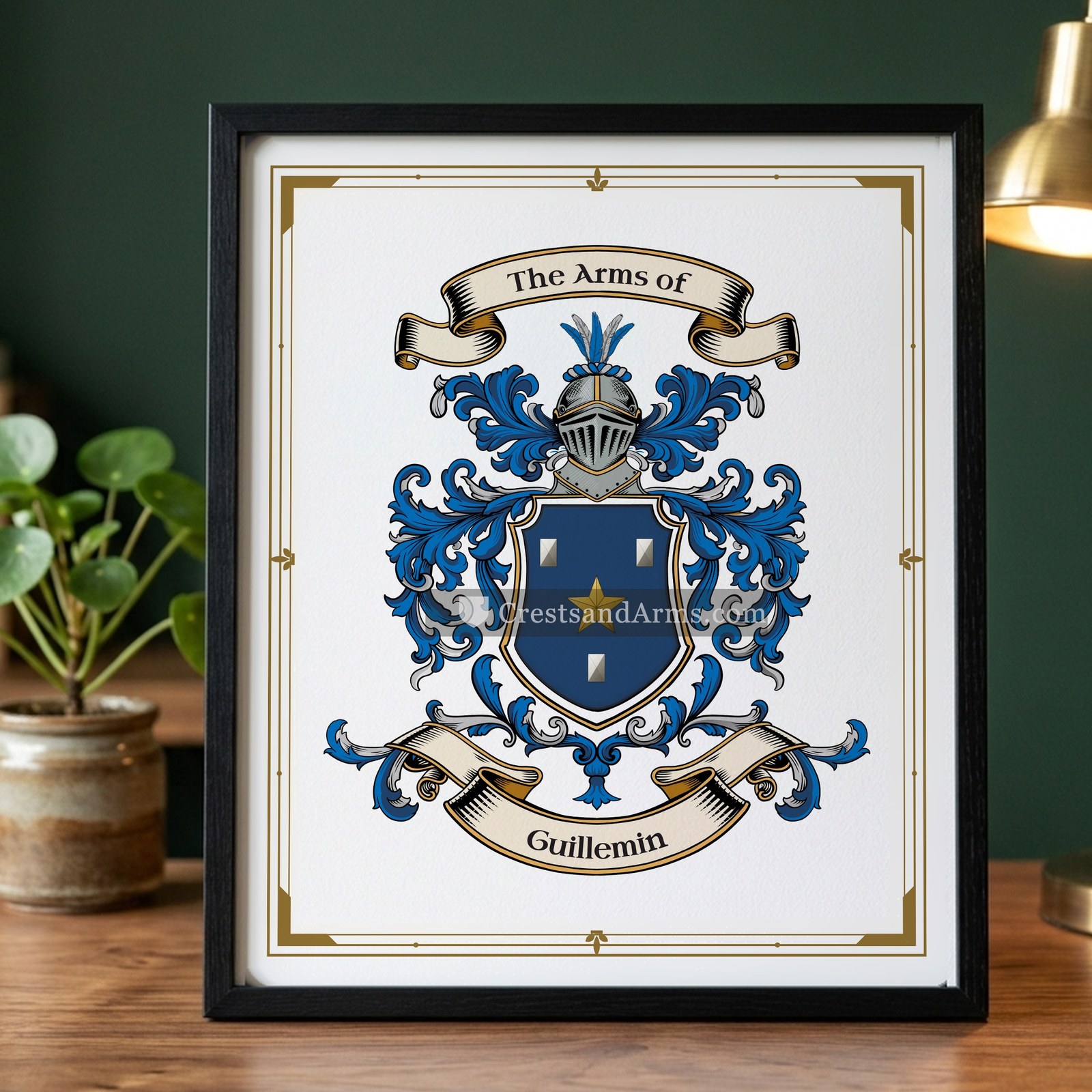 The Guillemin arms on the framed, black wood