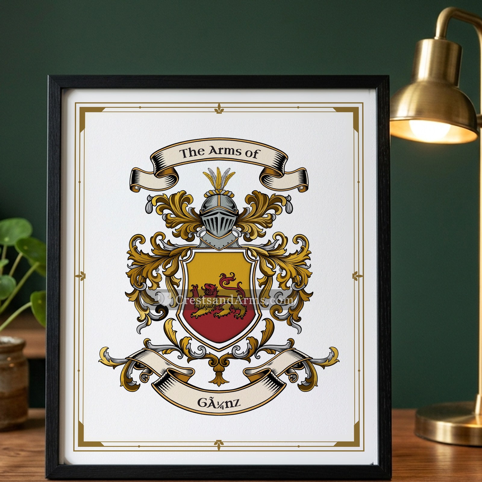 The Günz arms on the framed, black wood