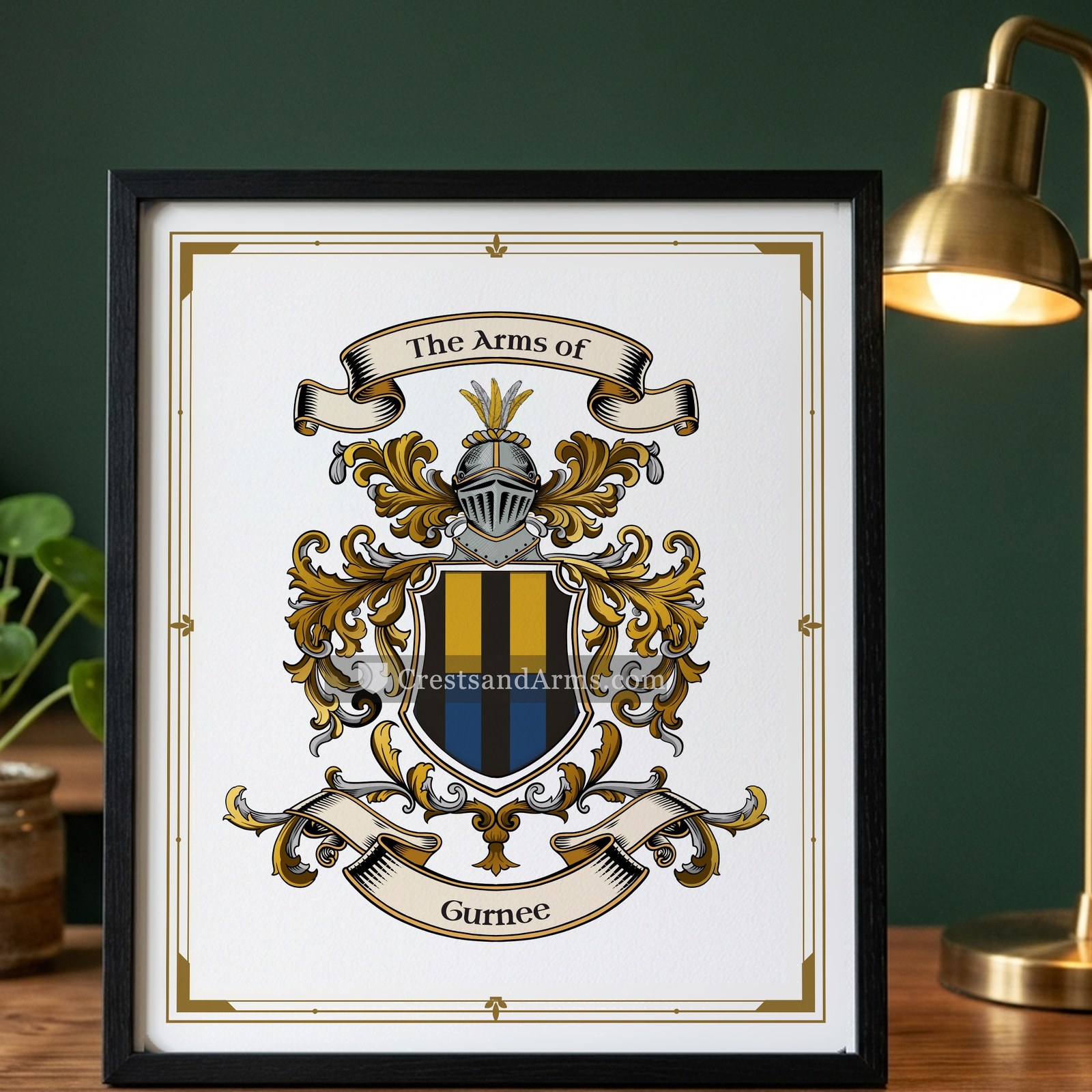 The Gurnee arms on the framed, black wood