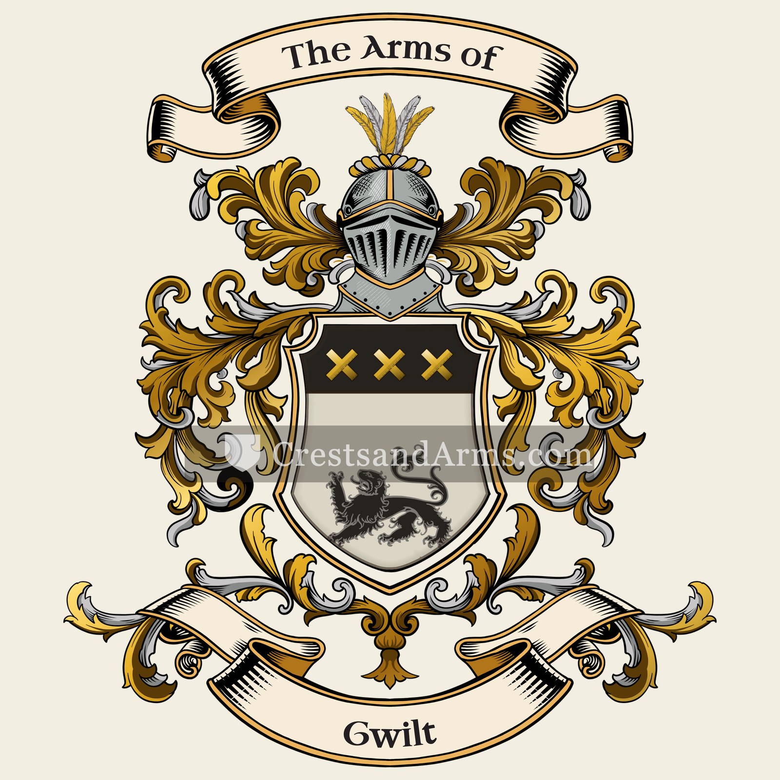The Gwilt coat of arms, drawn from the recorded blazon