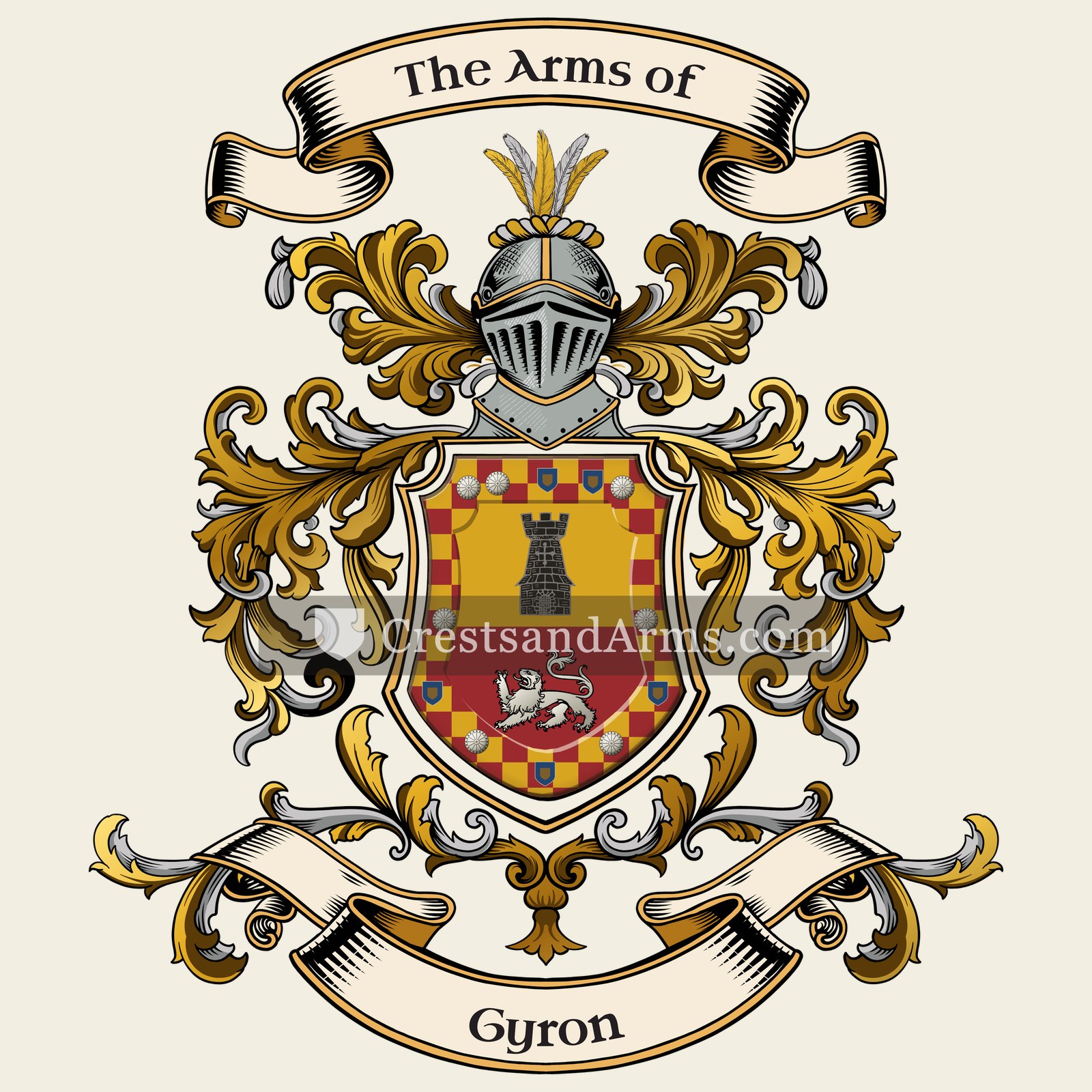 The Gyron coat of arms, drawn from the recorded blazon