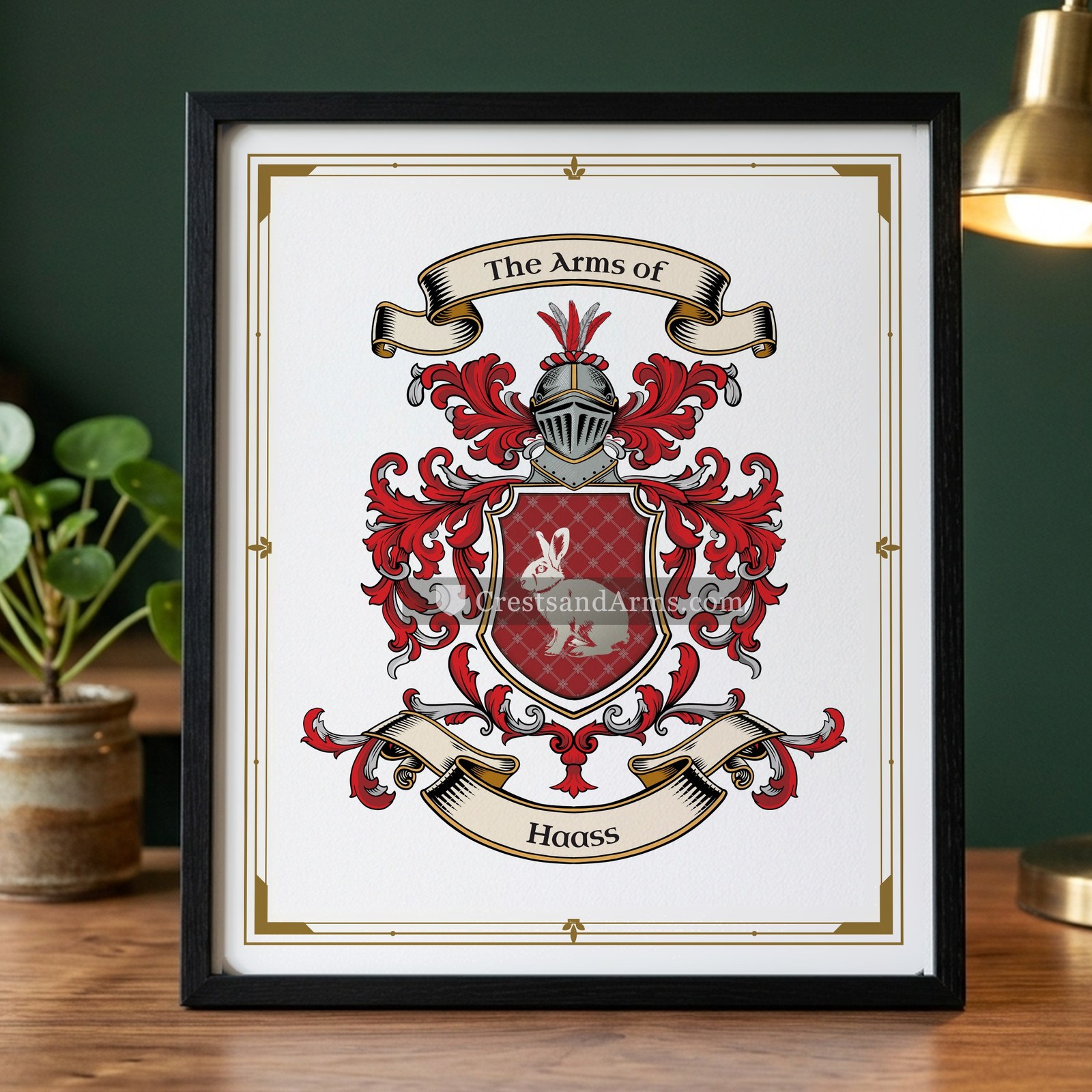 The Haass arms on the framed, black wood