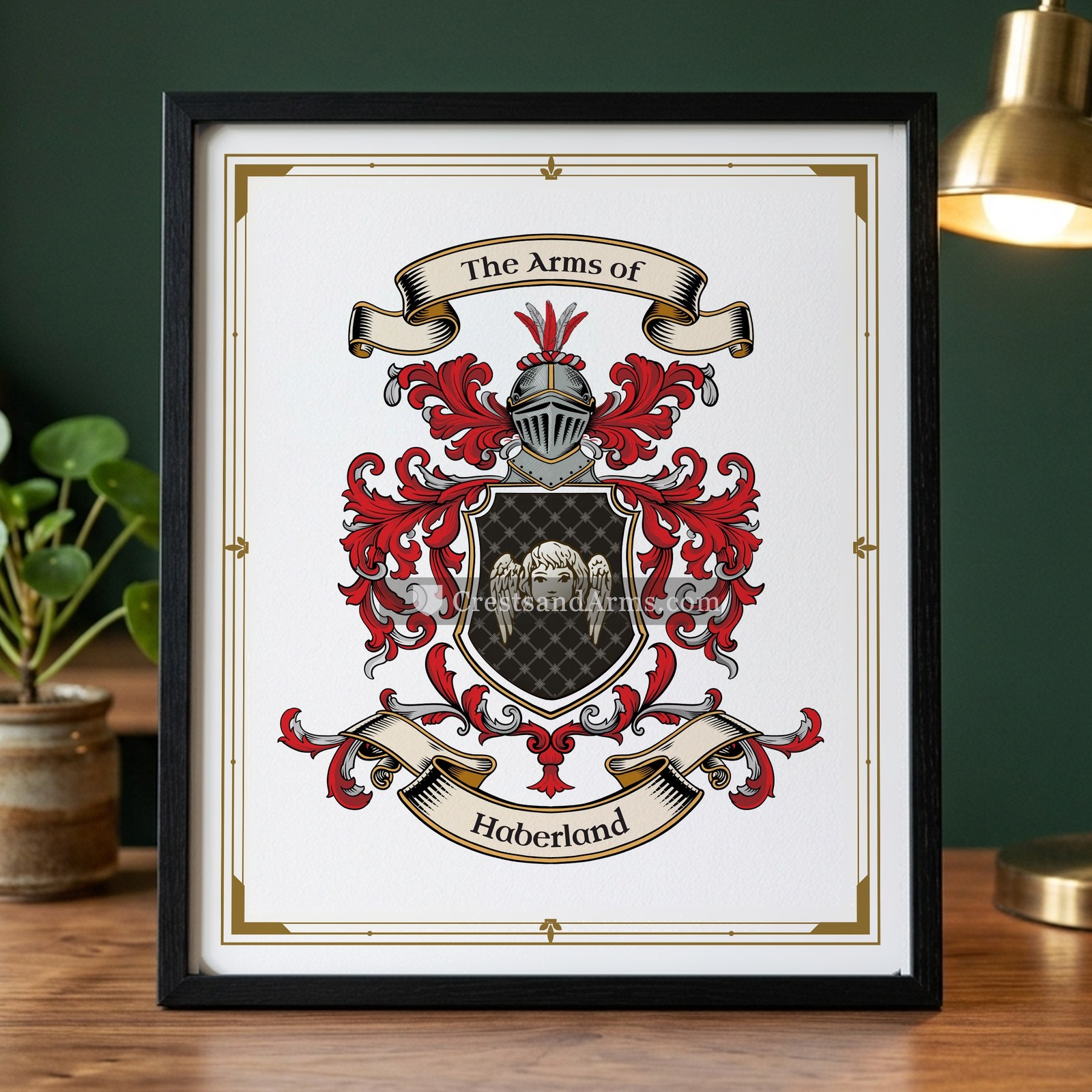 The Haberland arms on the framed, black wood