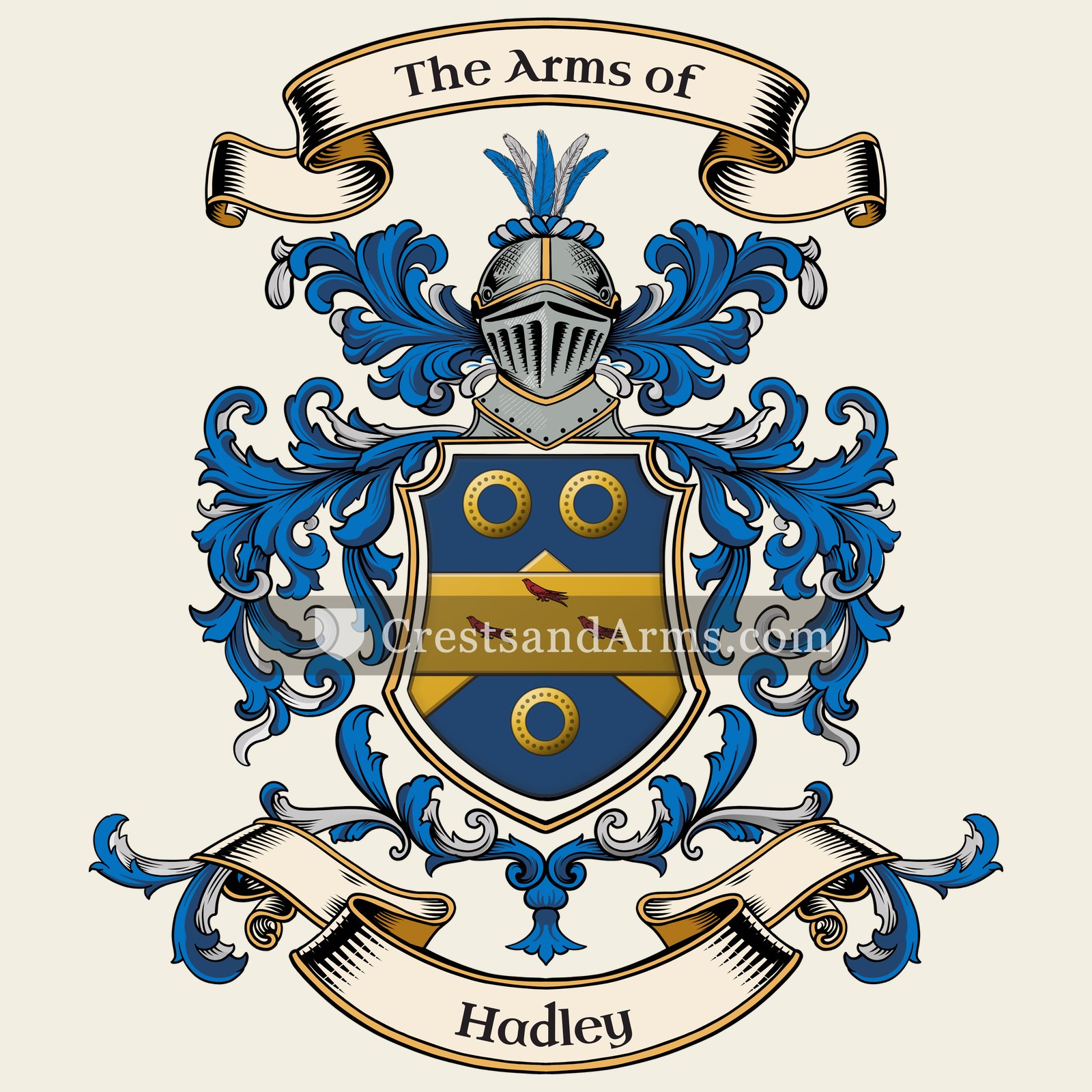 The Hadley coat of arms, drawn from the recorded blazon