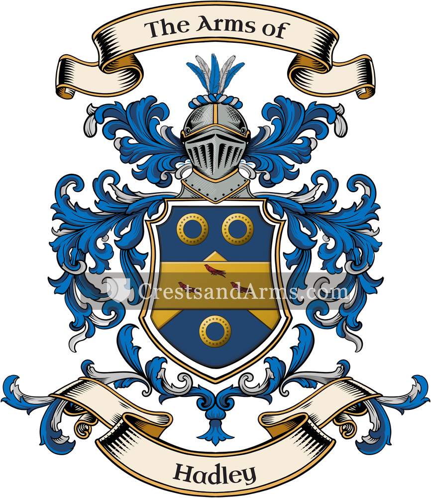 The Hadley coat of arms, drawn from the recorded blazon