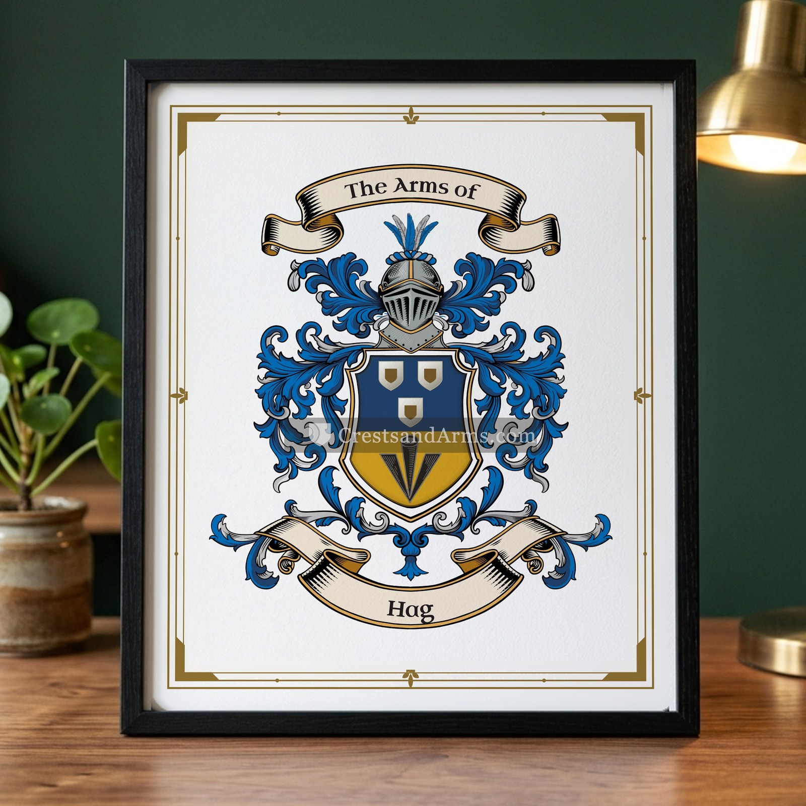 The Hag arms on the framed, black wood