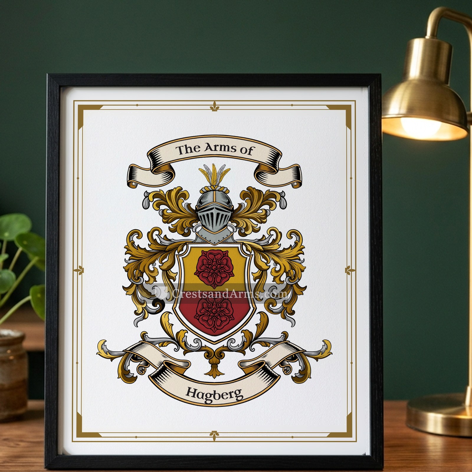 The Hagberg arms on the framed, black wood