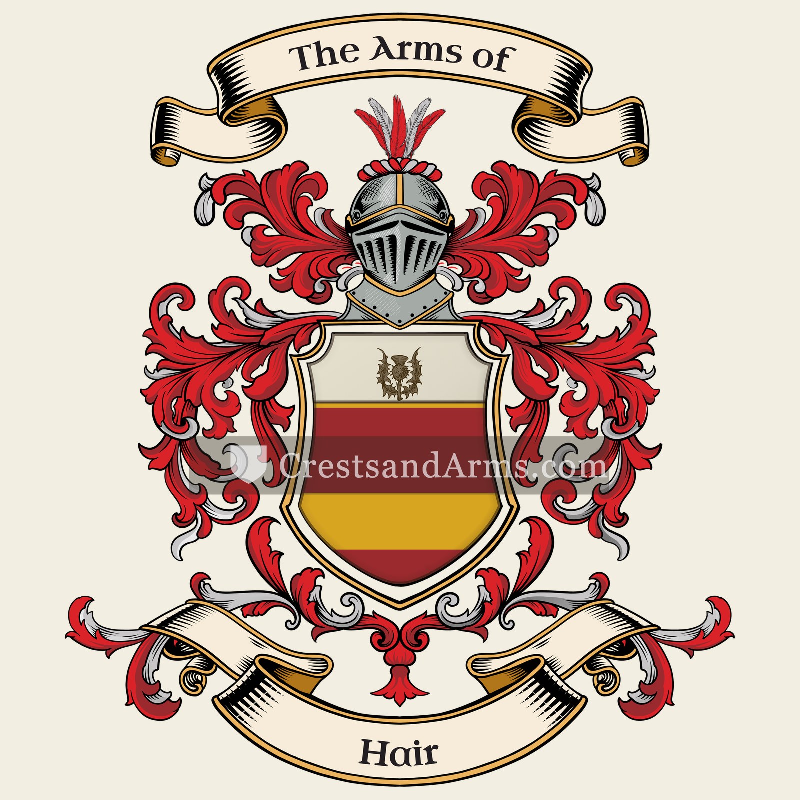 The Hair coat of arms, drawn from the recorded blazon