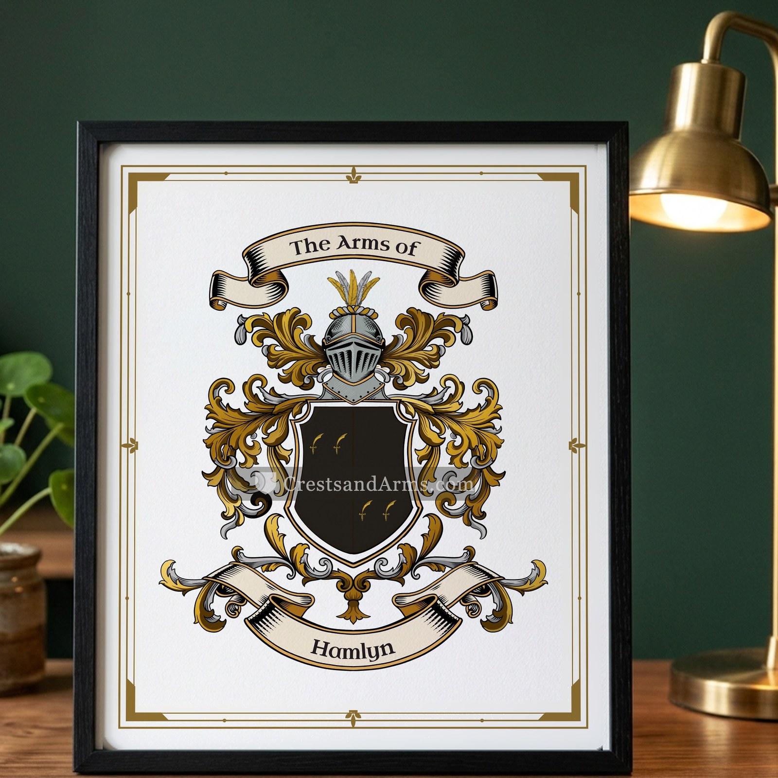 The Hamlyn arms on the framed, black wood