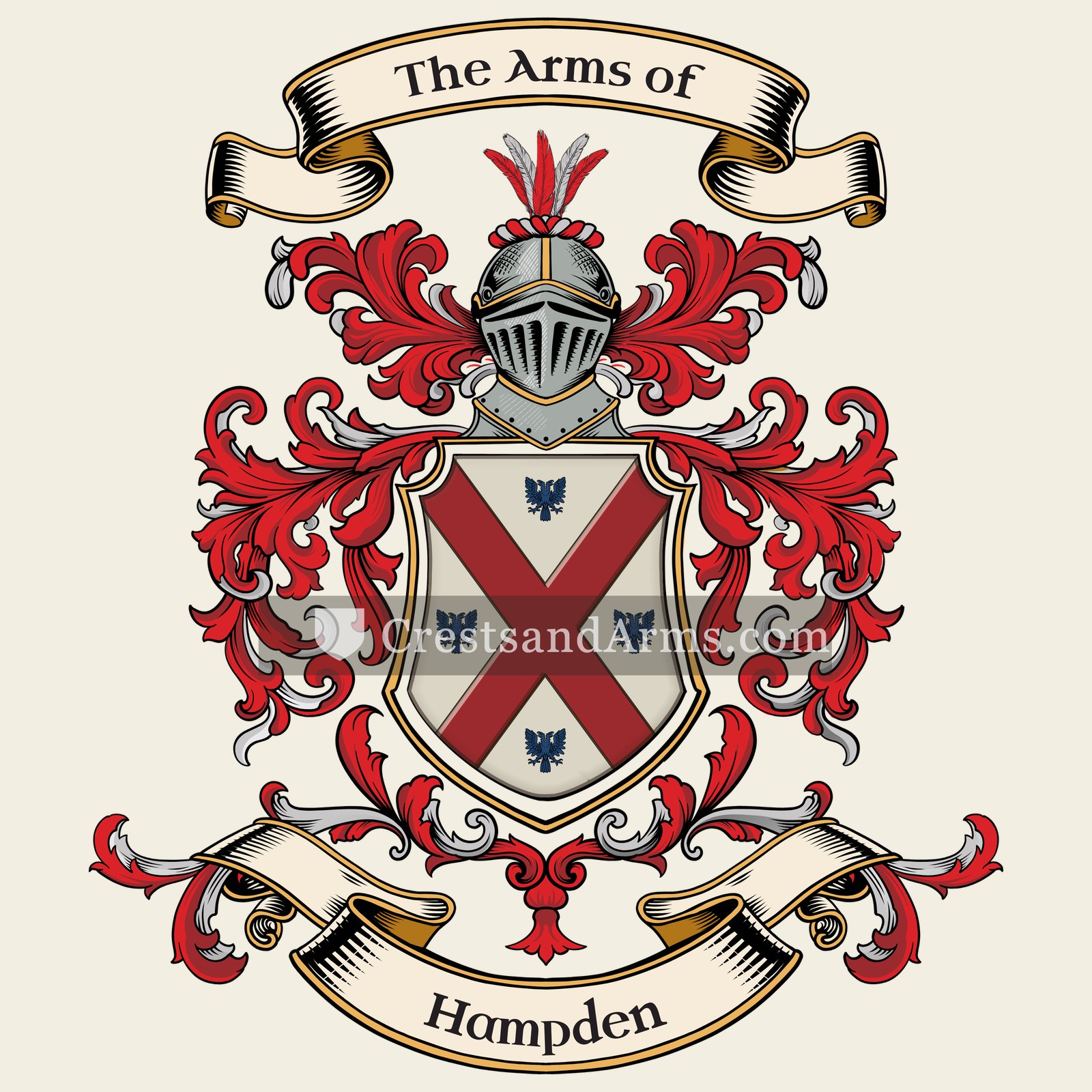 The Hampden coat of arms, drawn from the recorded blazon