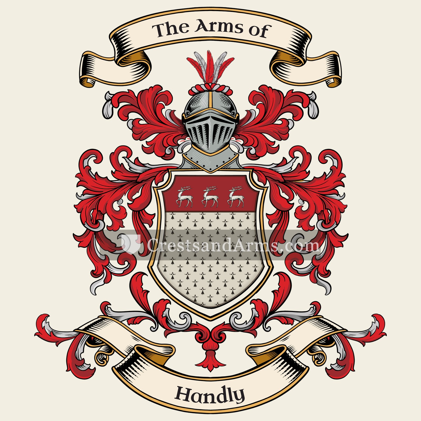 The Handly coat of arms, drawn from the recorded blazon