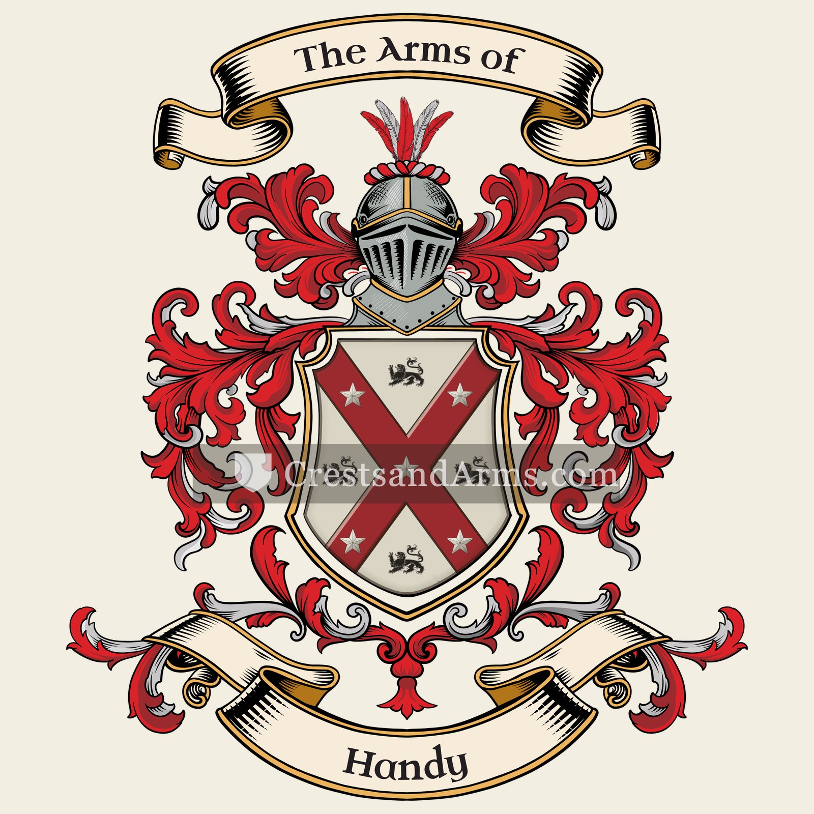 The Handy coat of arms, drawn from the recorded blazon