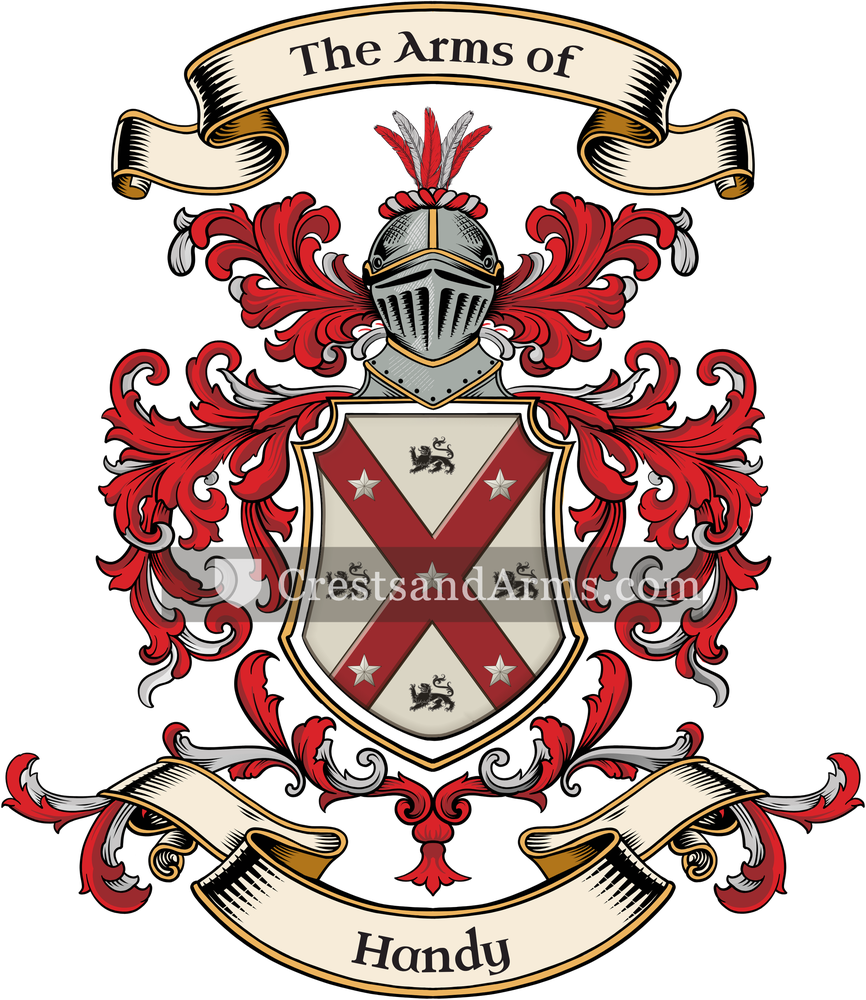 The Handy coat of arms, drawn from the recorded blazon