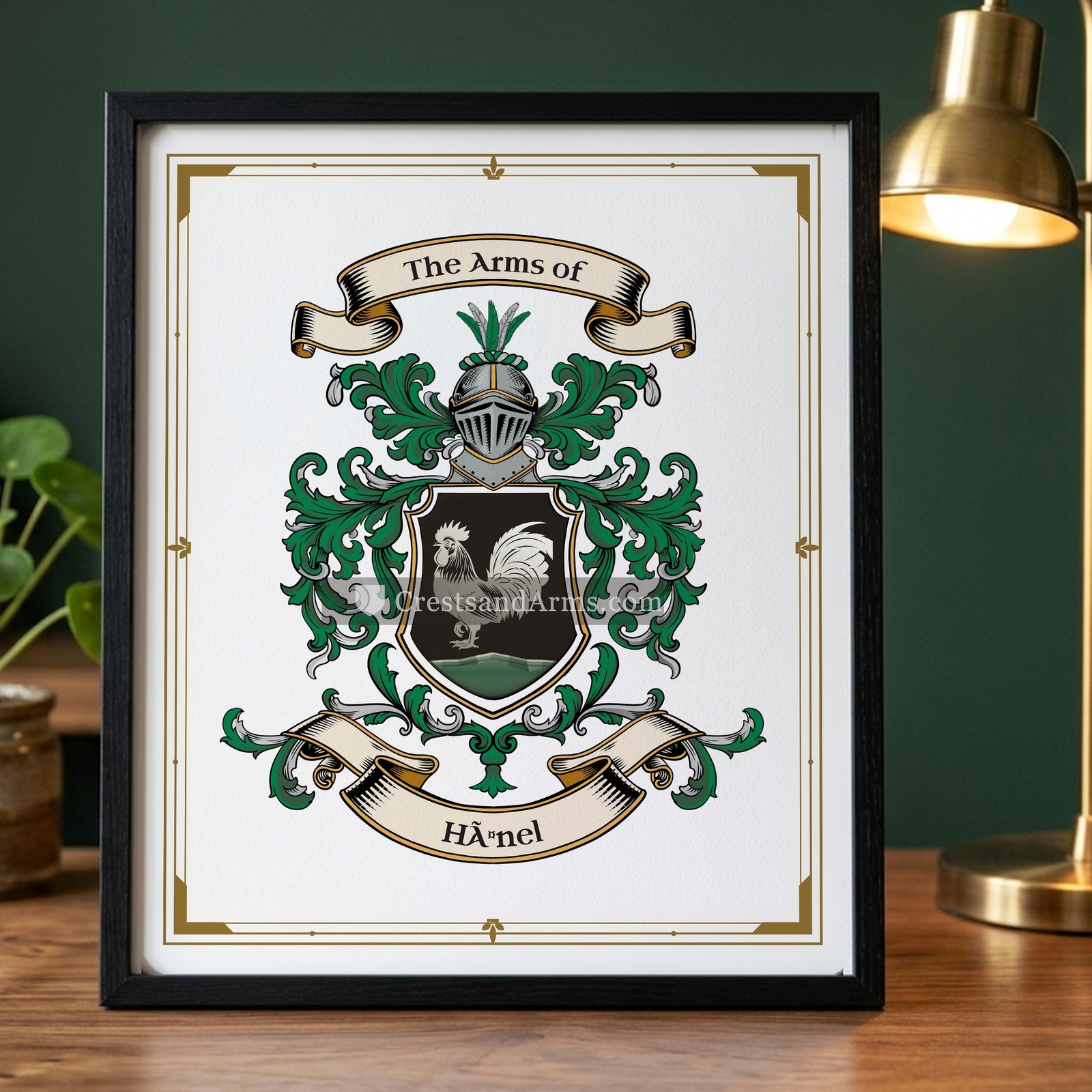 The Hänel arms on the framed, black wood