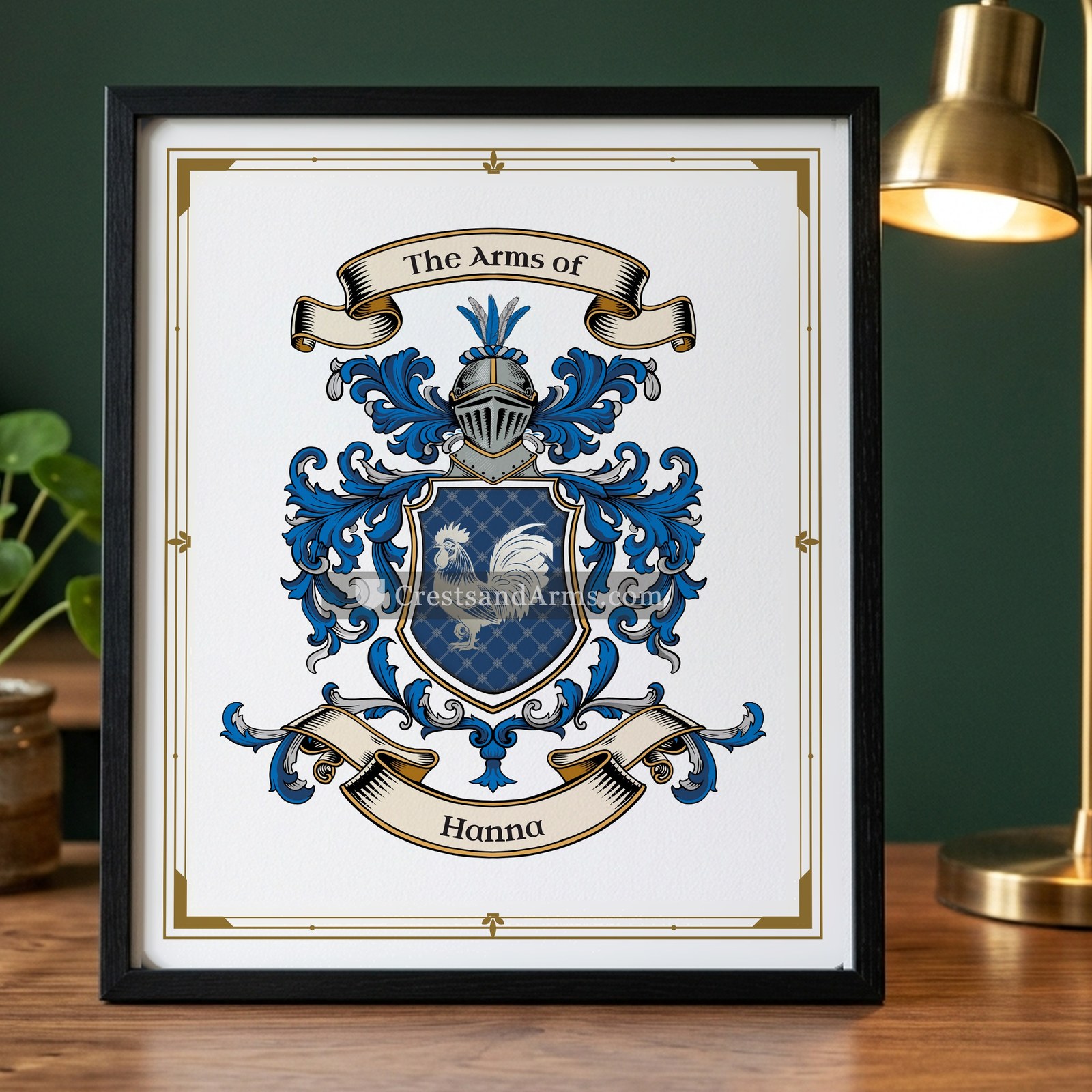The Hanna arms on the framed, black wood