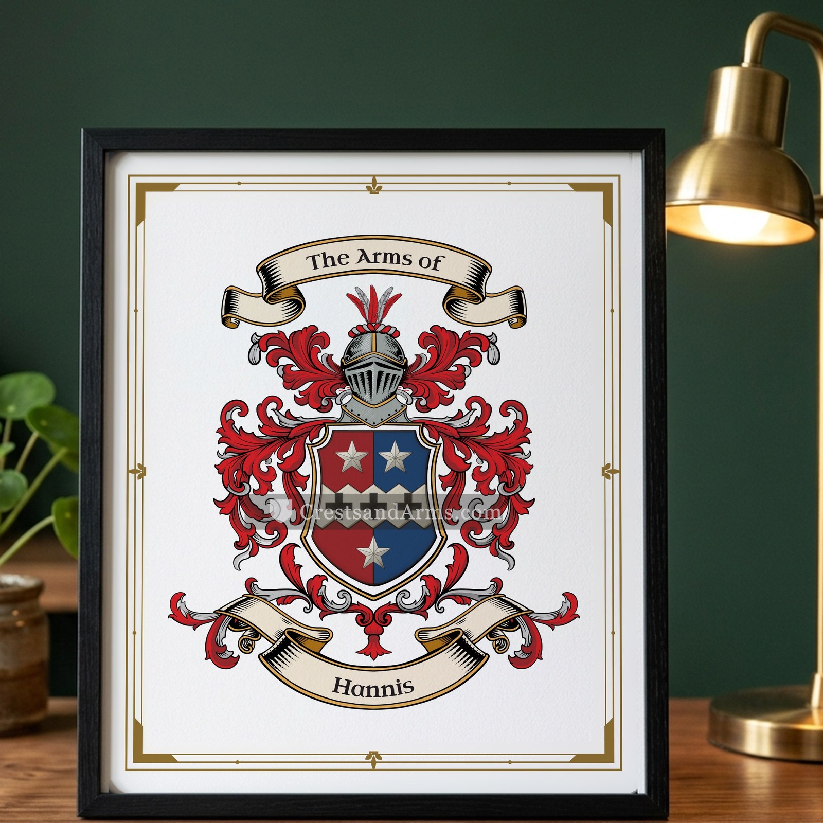 The Hannis arms on the framed, black wood