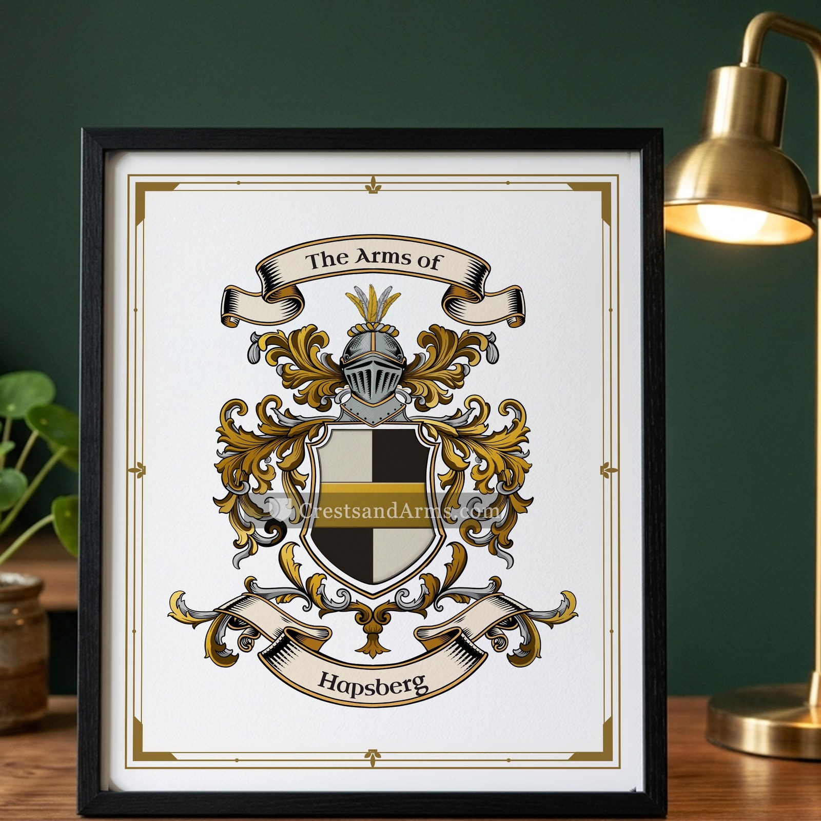The Hapsberg arms on the framed, black wood
