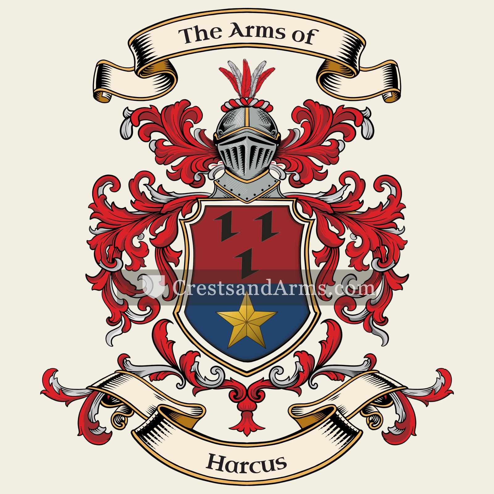 The Harcus coat of arms, drawn from the recorded blazon