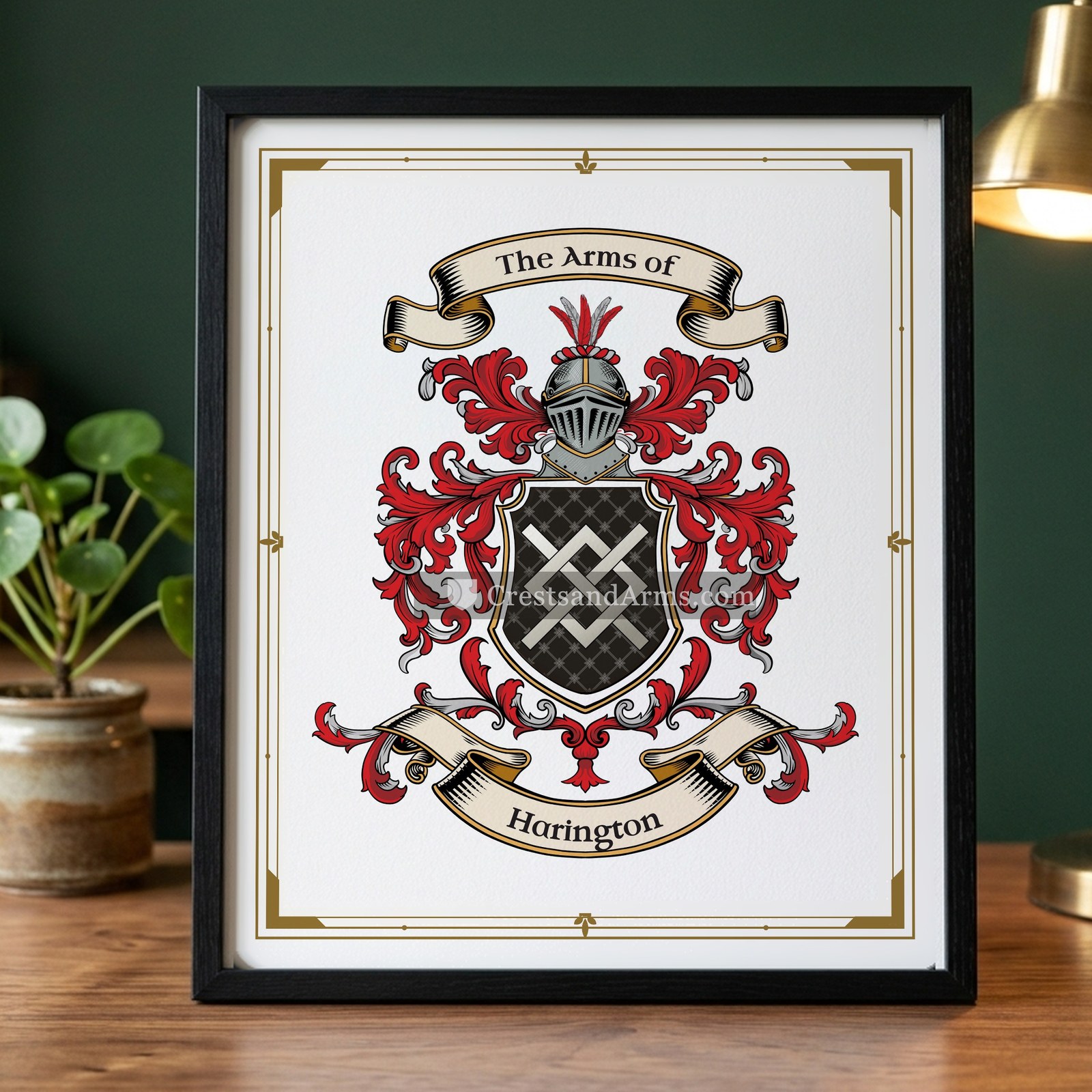 The Harington arms on the framed, black wood