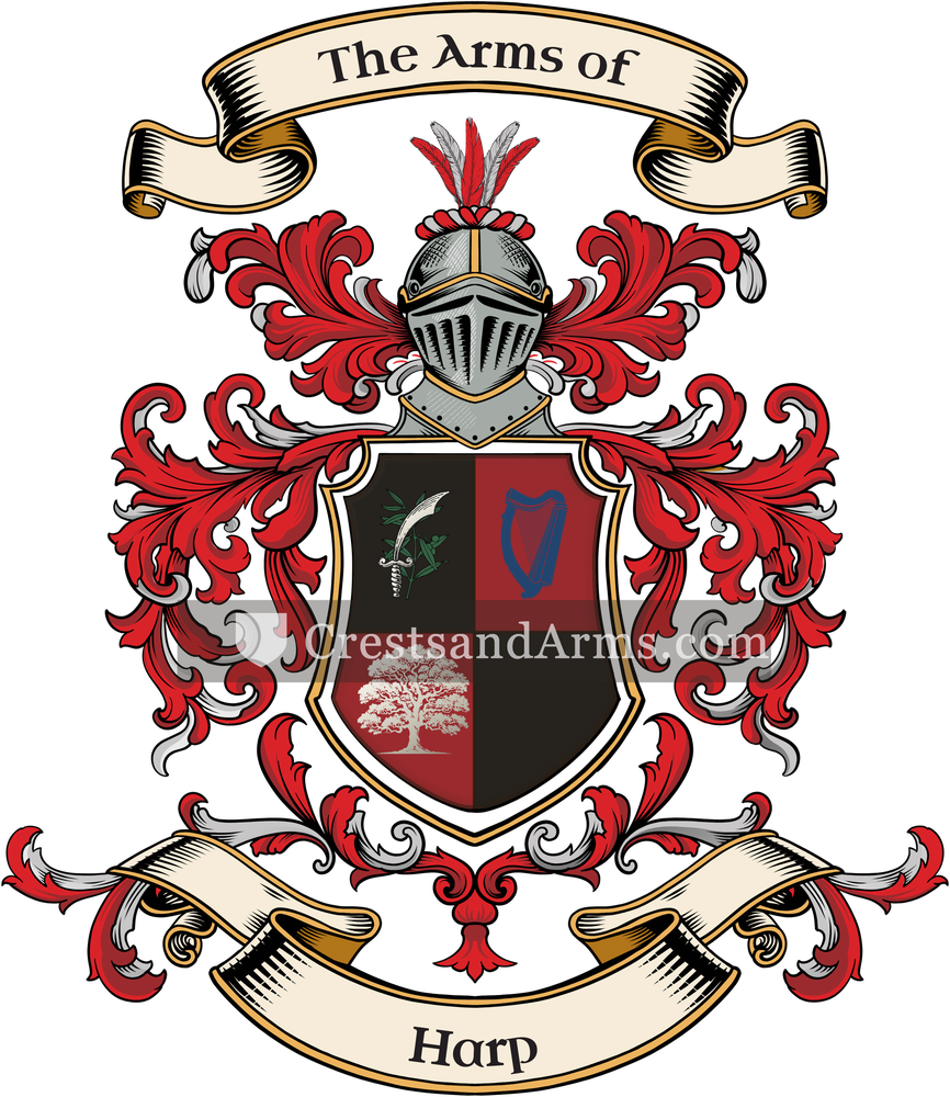 The Harp coat of arms, drawn from the recorded blazon