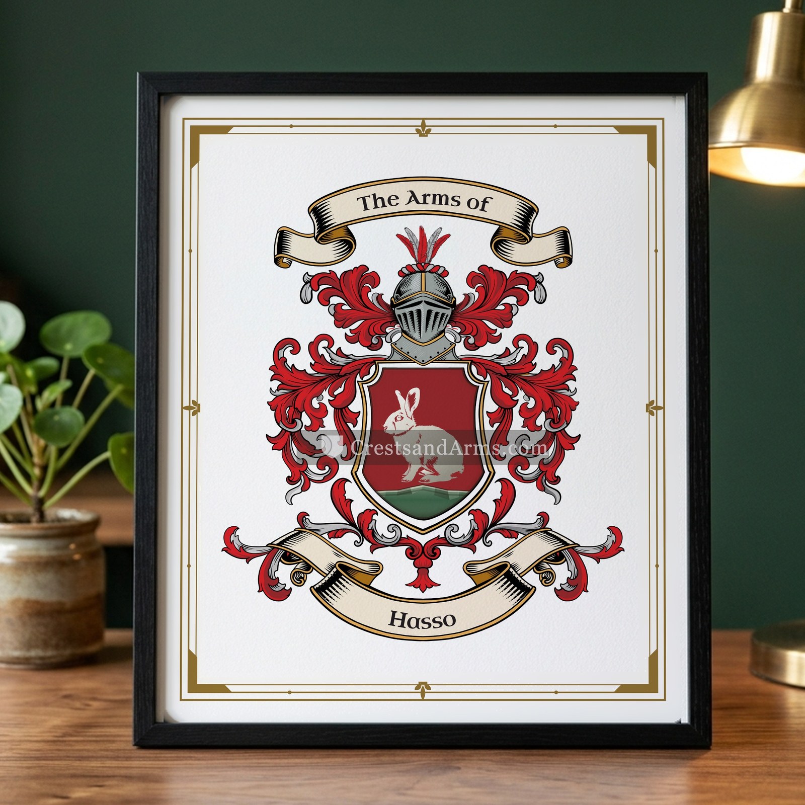 The Hasso arms on the framed, black wood