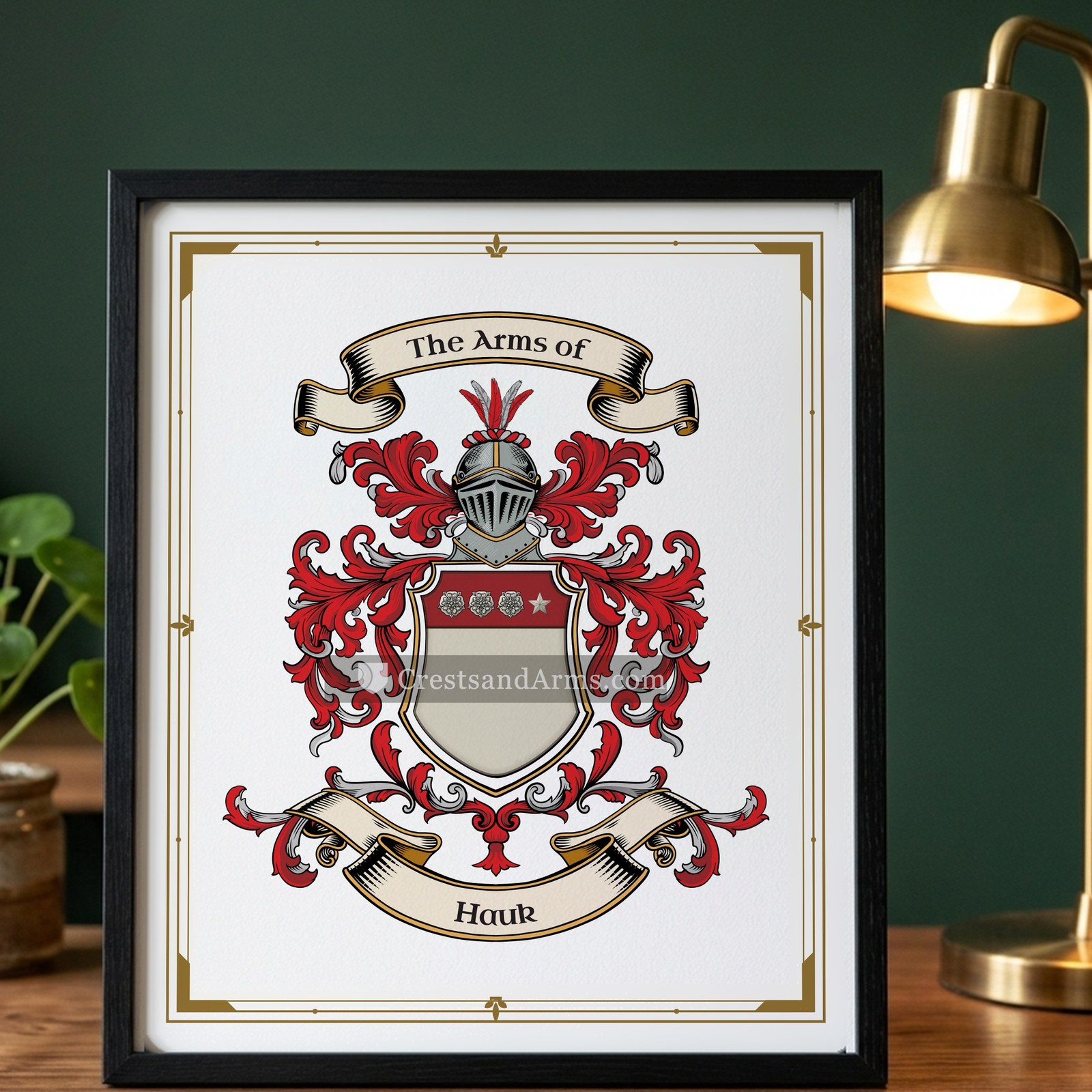 The Hauk arms on the framed, black wood