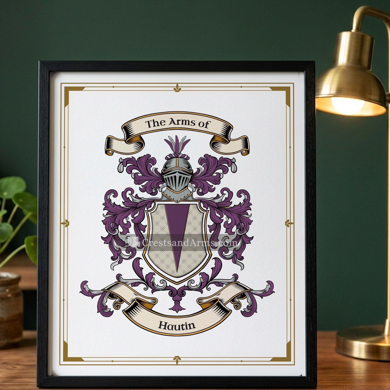 The Hautin arms on the framed, black wood