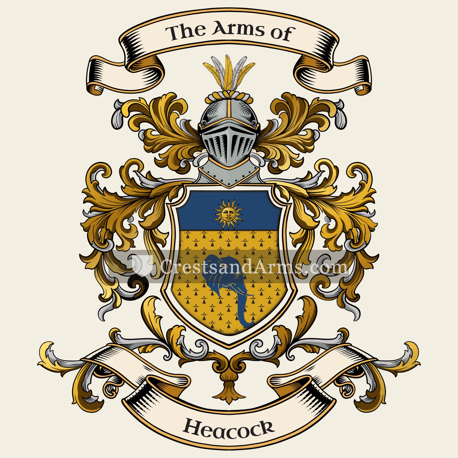 The Heacock coat of arms, drawn from the recorded blazon