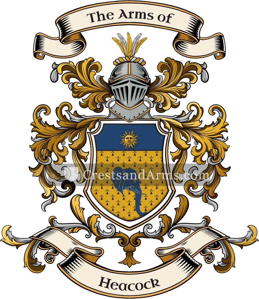 The Heacock coat of arms, drawn from the recorded blazon