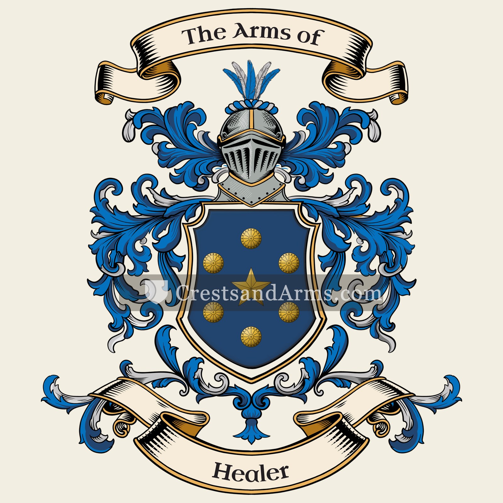 The Healer coat of arms, drawn from the recorded blazon