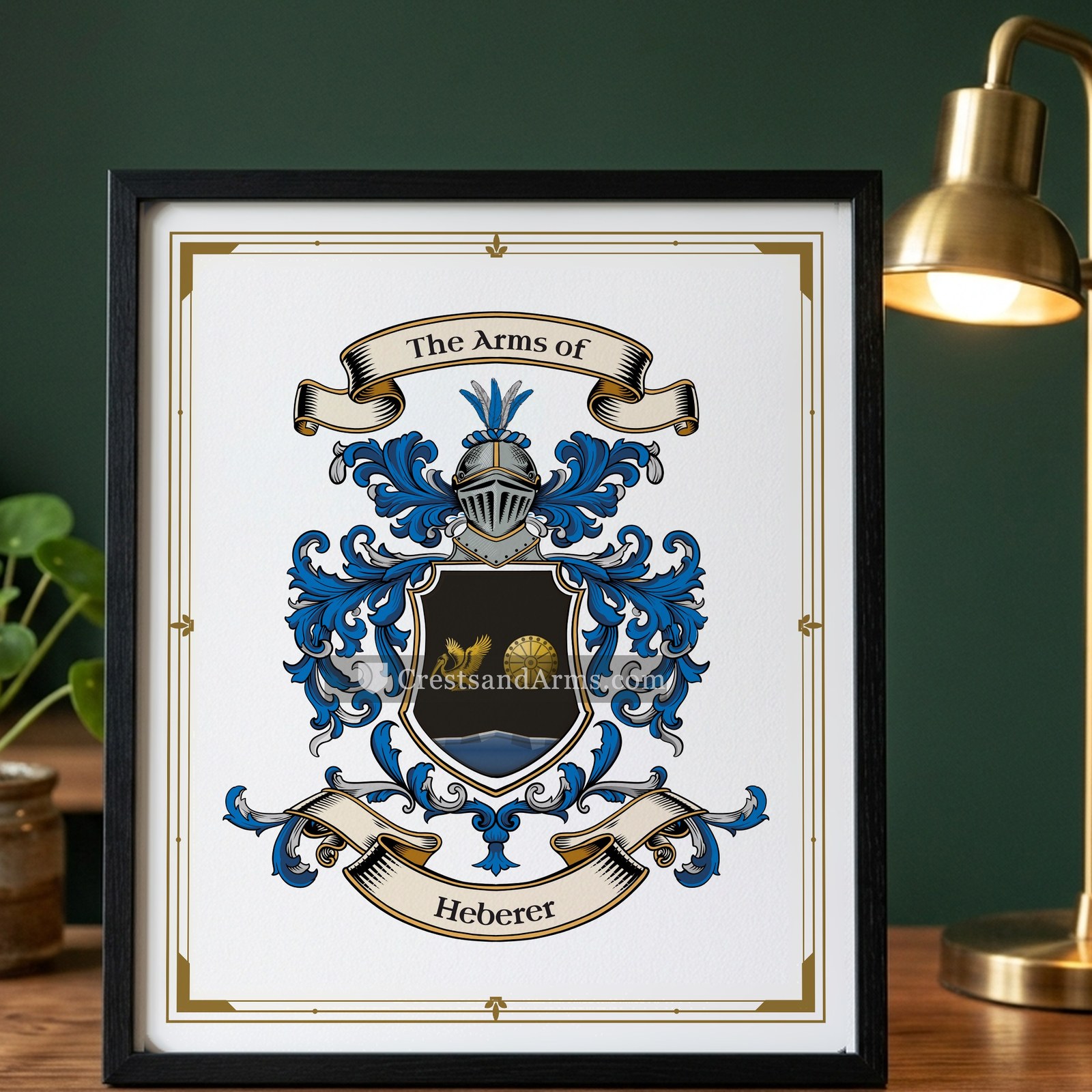 The Heberer arms on the framed, black wood
