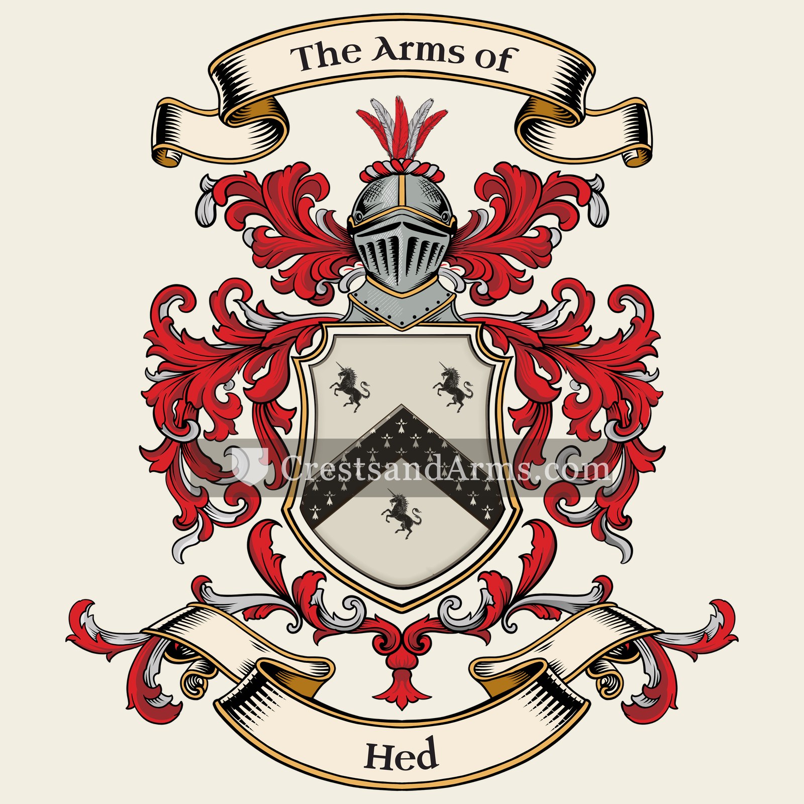The Hed coat of arms, drawn from the recorded blazon