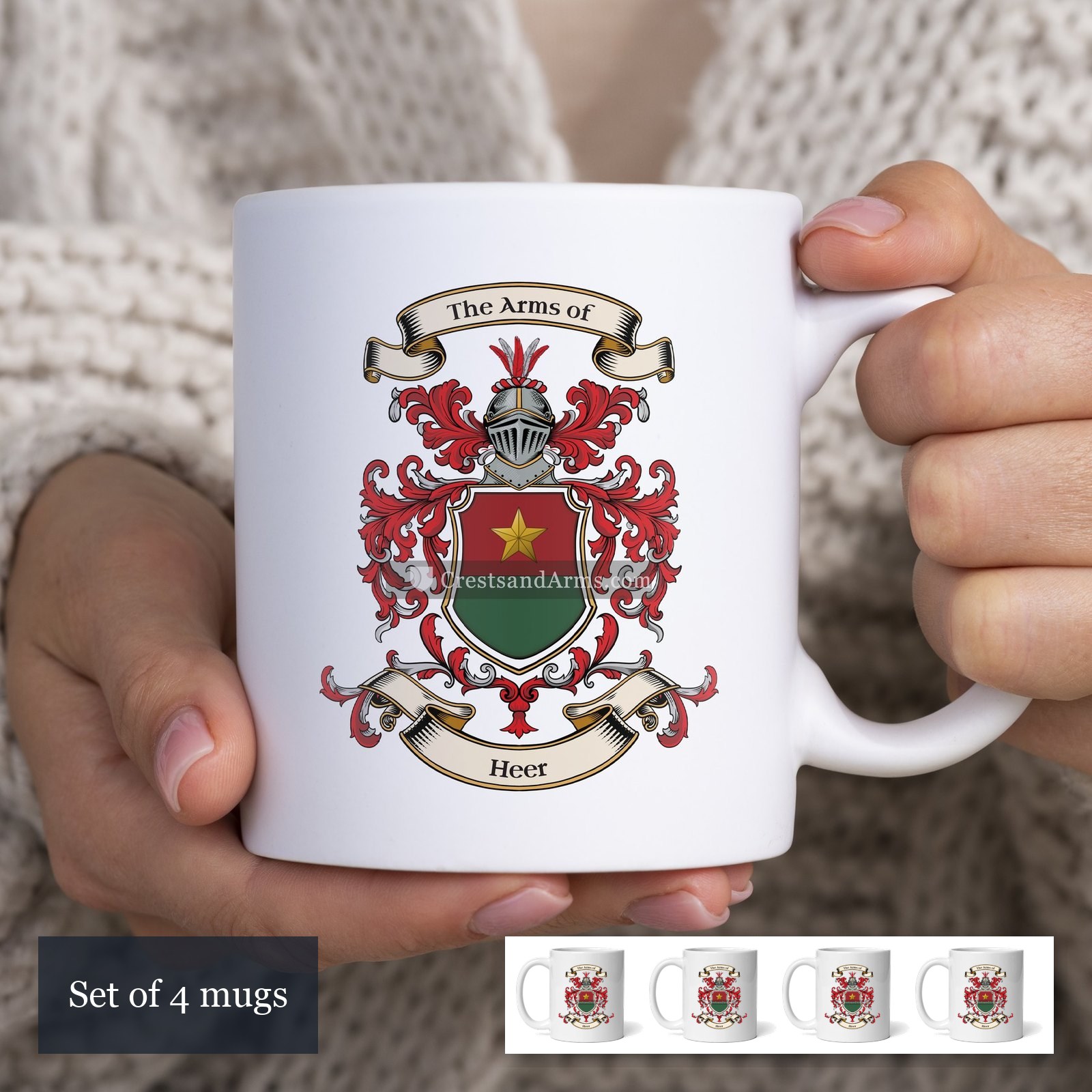 The Heer arms on the set of 4 mugs