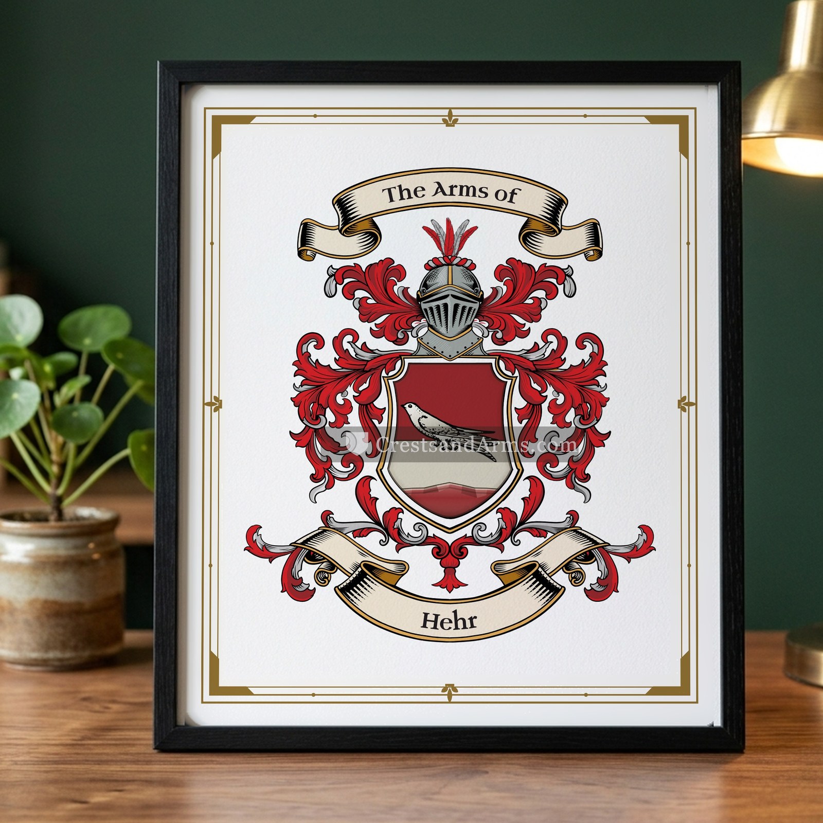 The Hehr arms on the framed, black wood