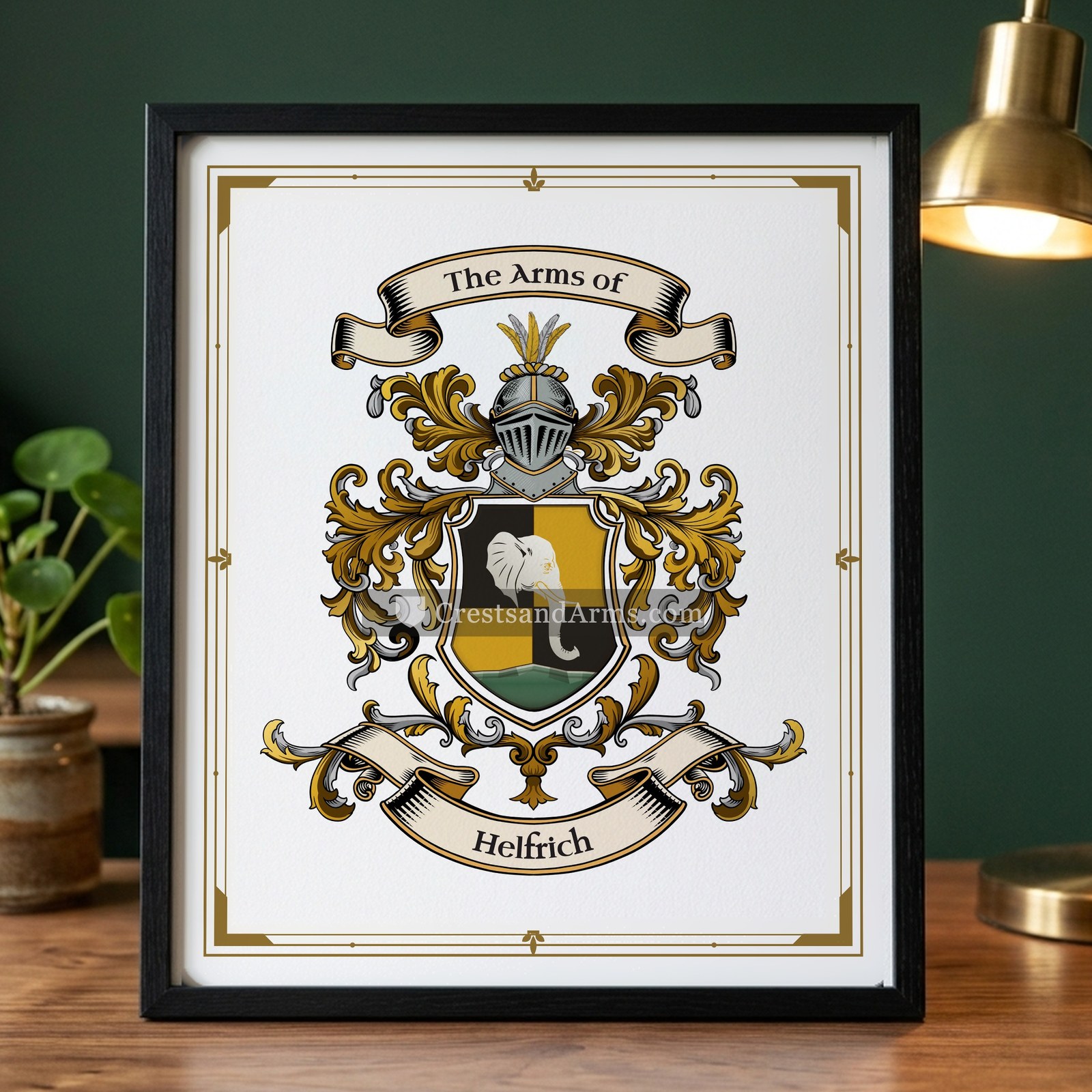 The Helfrich arms on the framed, black wood