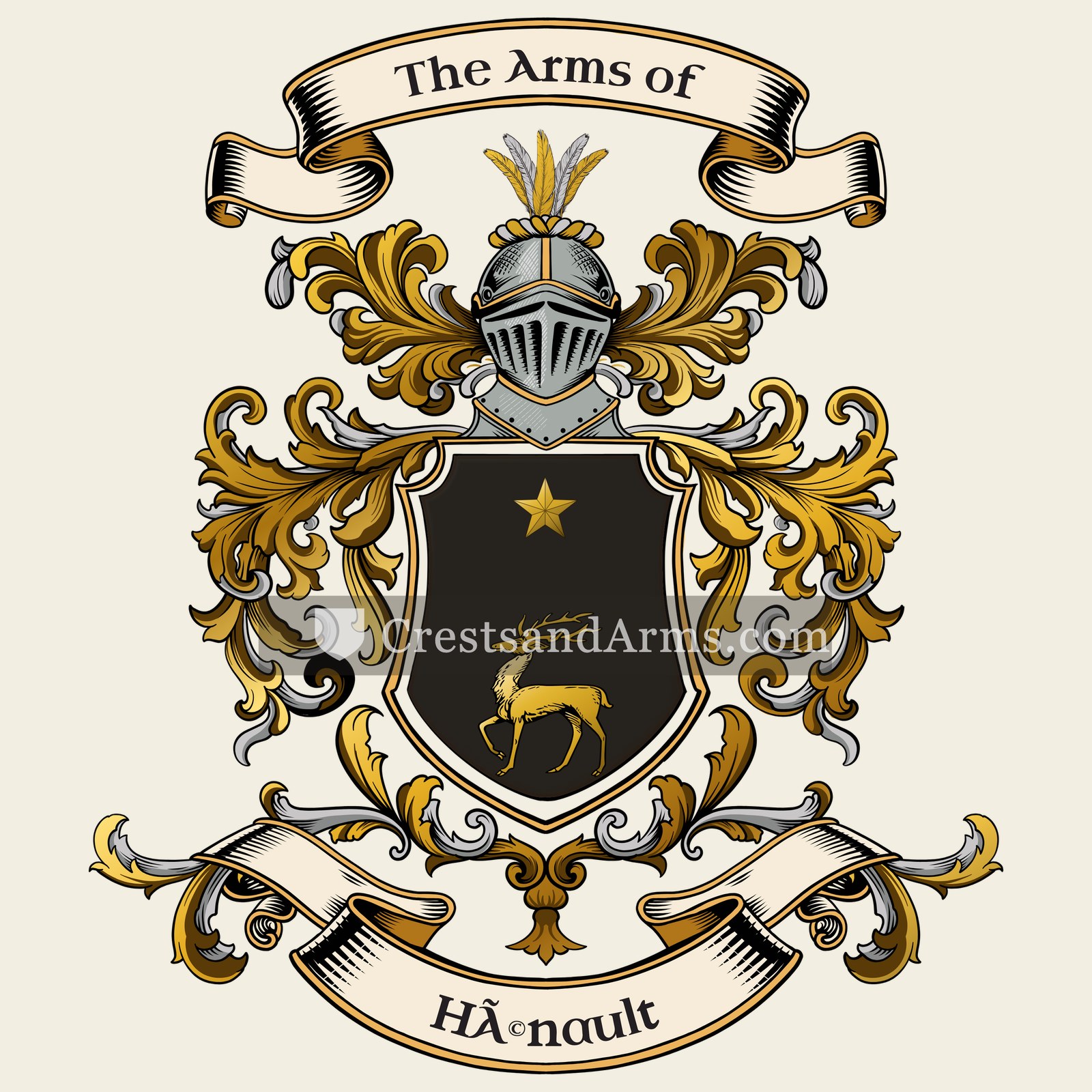 The Hénault coat of arms, drawn from the recorded blazon
