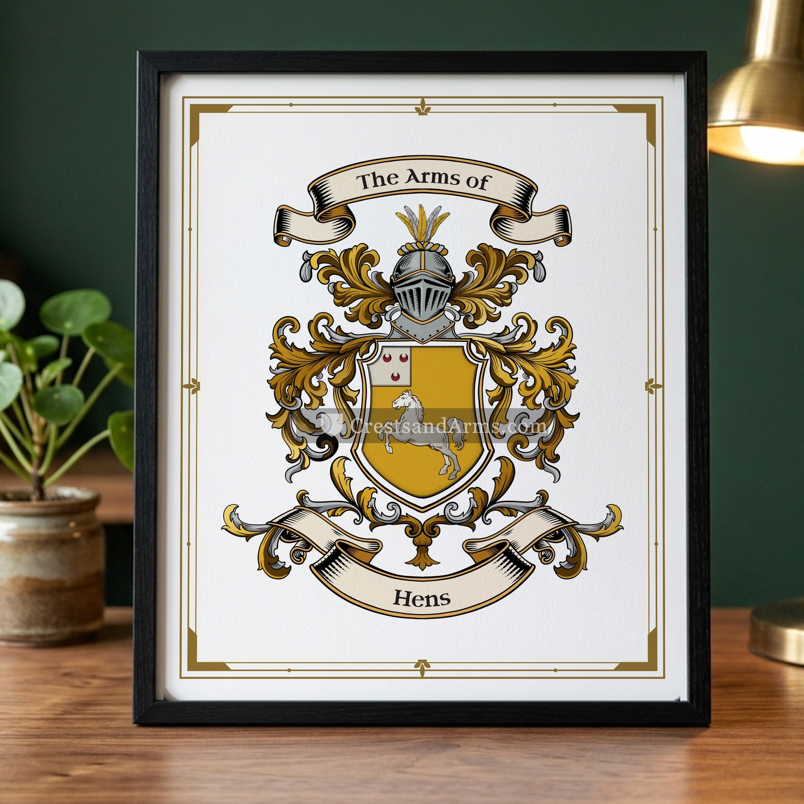 The Hens arms on the framed, black wood