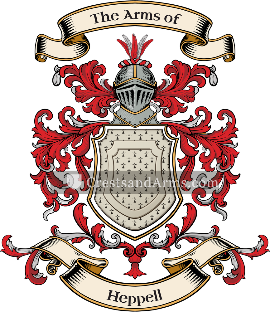 The Heppell coat of arms, drawn from the recorded blazon