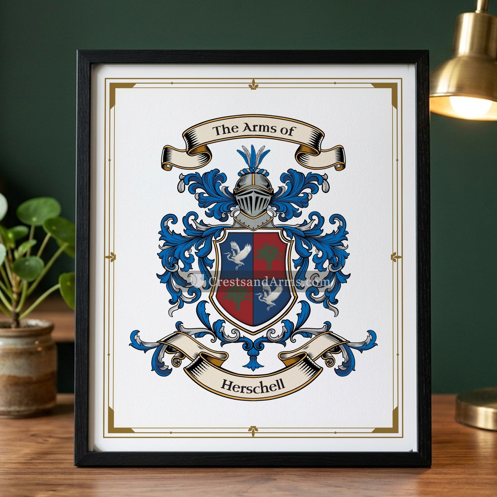 The Herschell arms on the framed, black wood