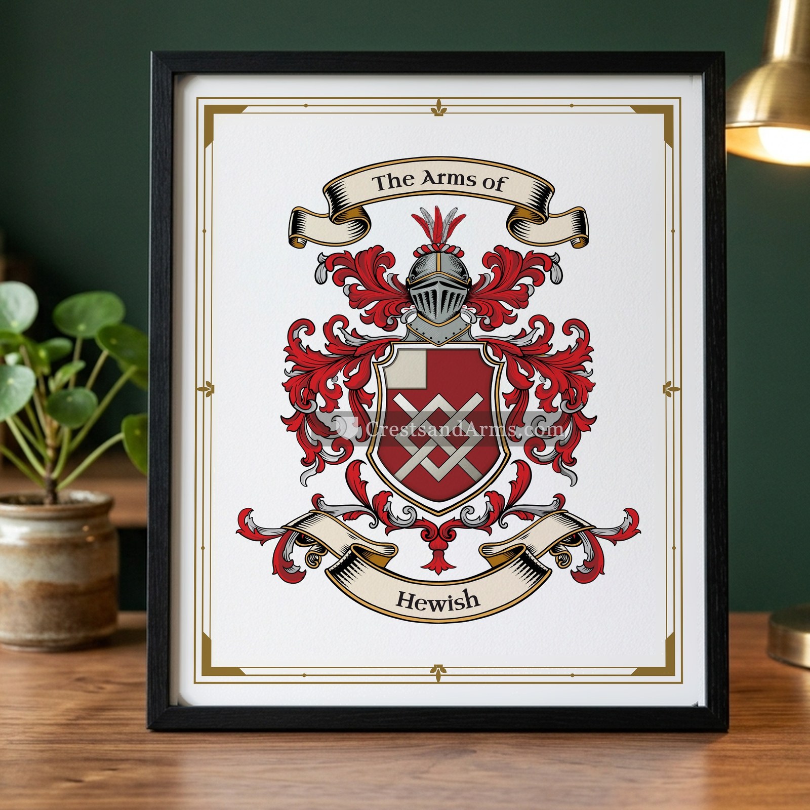 The Hewish arms on the framed, black wood