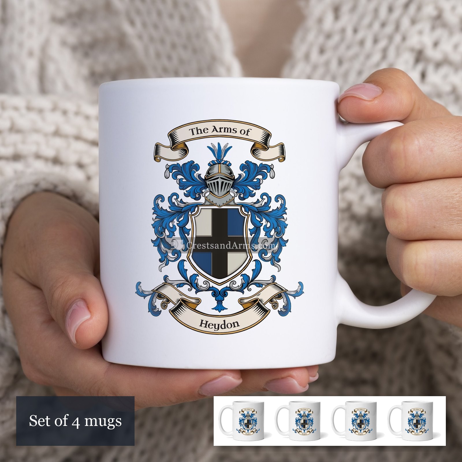 The Heydon arms on the set of 4 mugs
