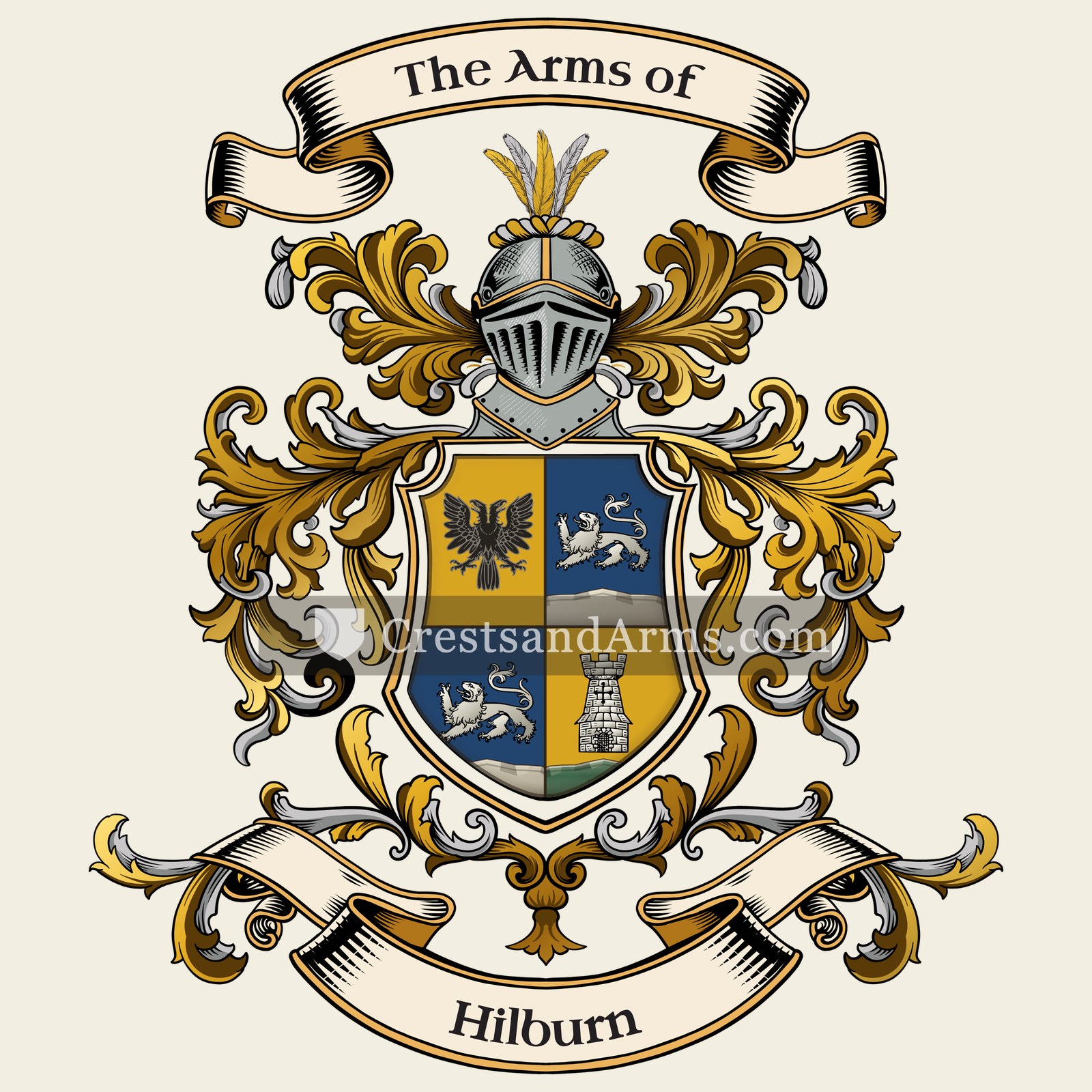 The Hilburn coat of arms, drawn from the recorded blazon
