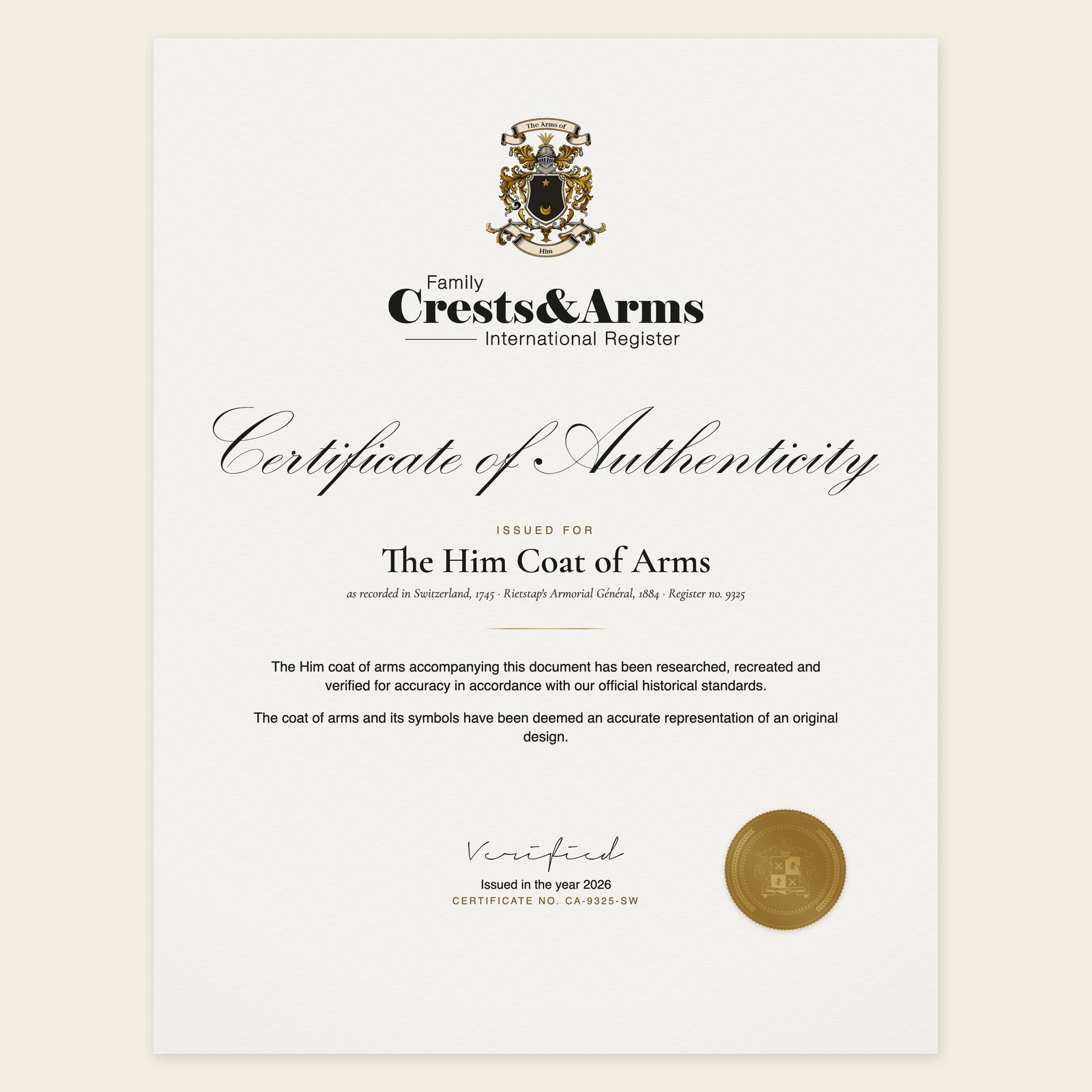 Certificate of authenticity